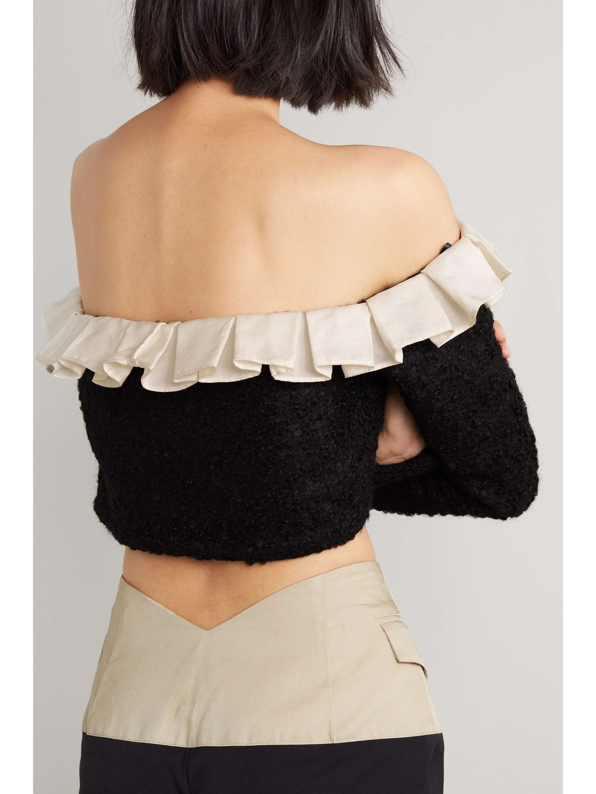 AAIZÉL + NET SUSTAIN off-the-shoulder cropped ruffled TENCEL-trimmed bouclé-knit cardigan