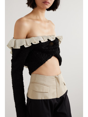 AAIZEL + NET SUSTAIN off-the-shoulder cropped ruffled TENCEL-trimmed bouclé-knit cardigan