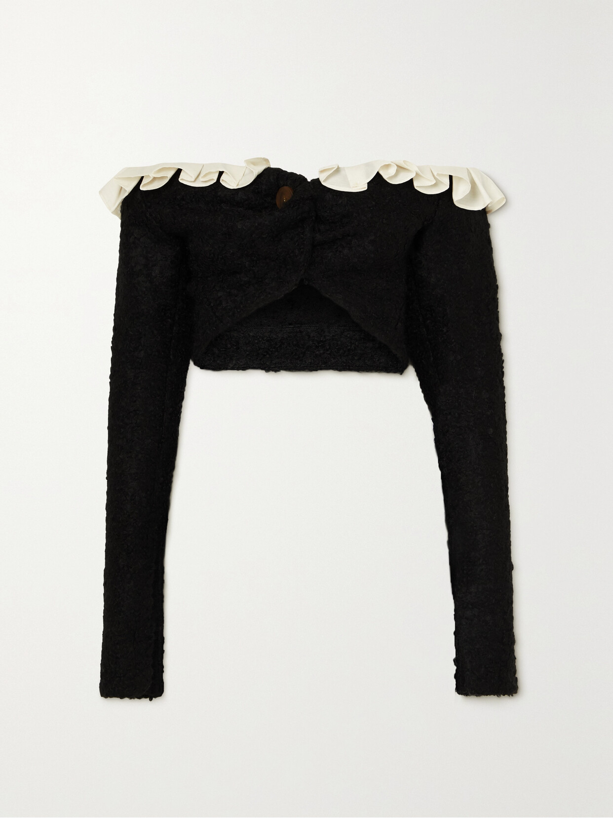 aaizél - + Net Sustain Off-the-shoulder Cropped Ruffled Tencel-trimmed Bouclé-knit Cardigan - Black