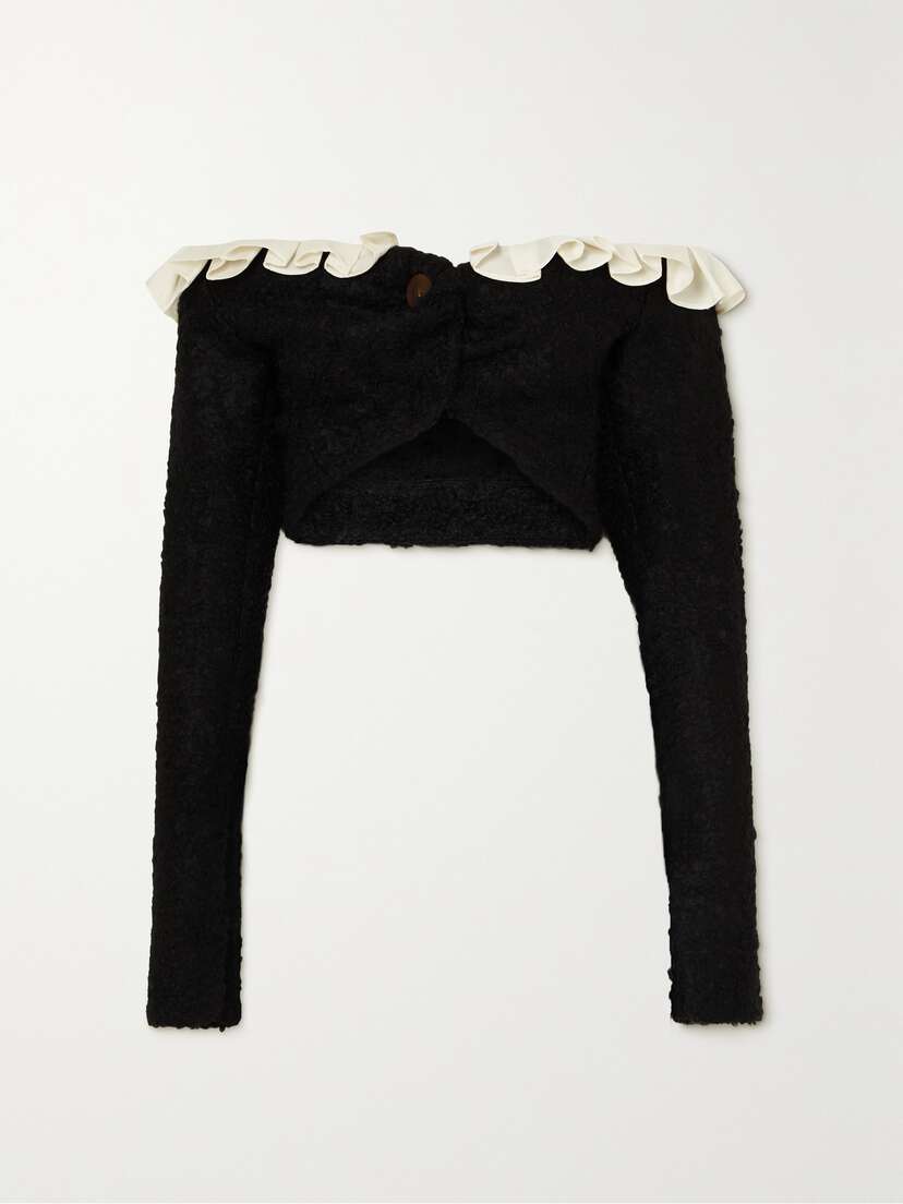 AAIZÉL + Net Sustain Off-the-shoulder Cropped Ruffled Tencel-trimmed Bouclé-knit Cardigan