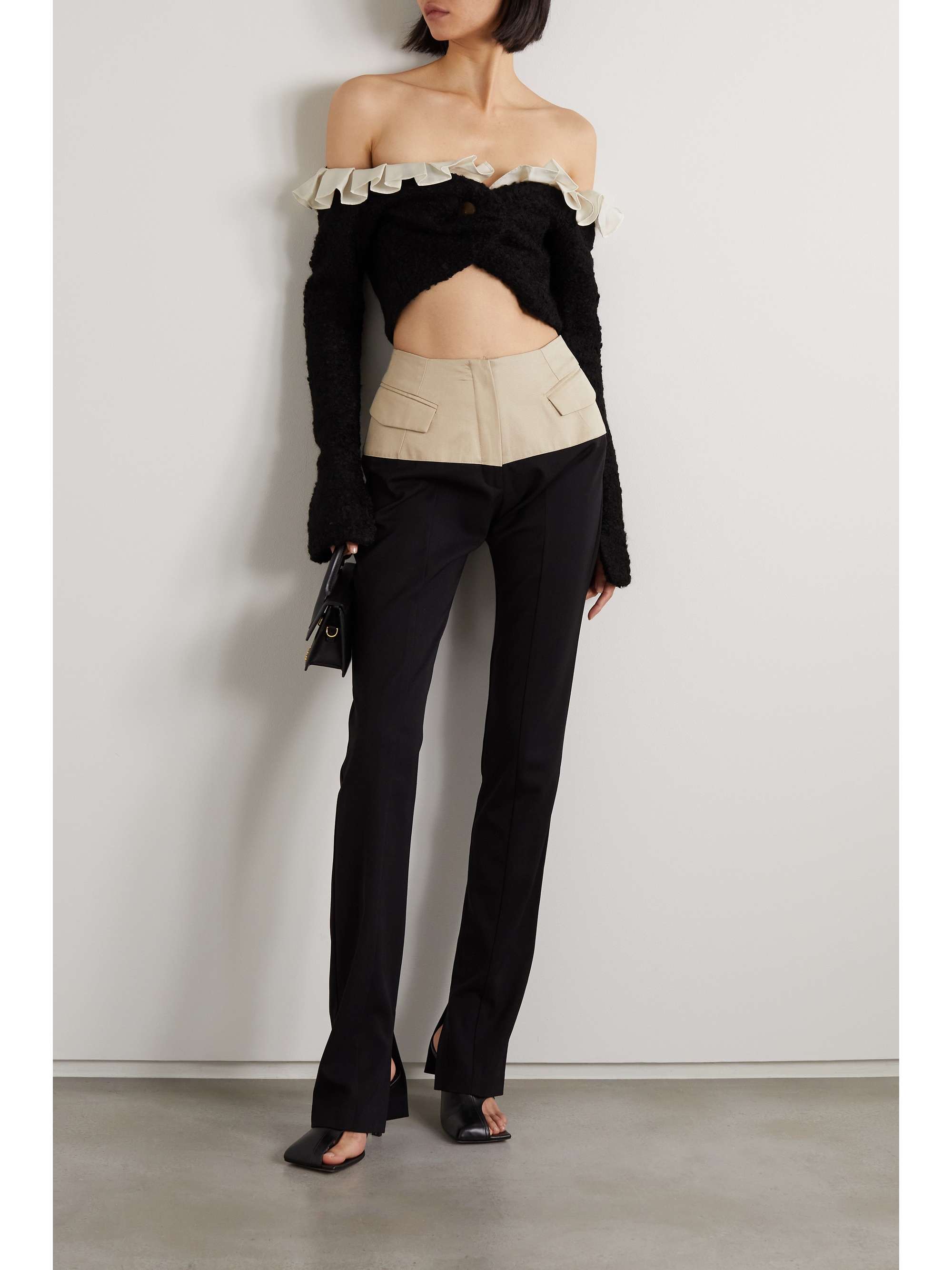 AAIZÉL + NET SUSTAIN off-the-shoulder cropped ruffled TENCEL-trimmed bouclé-knit cardigan