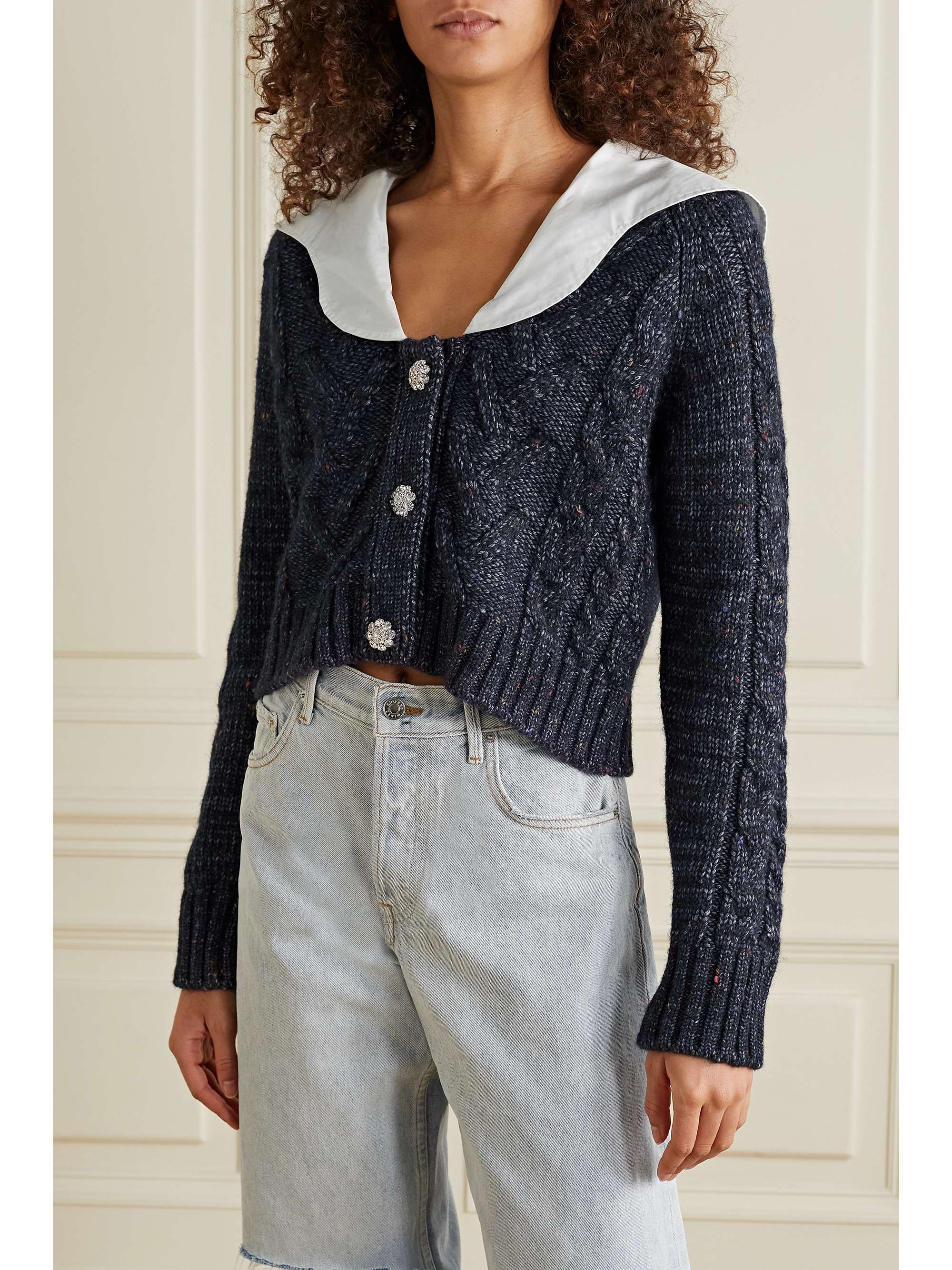 Ganni cropped embellished poplin-trimmed cable-knit cardigan