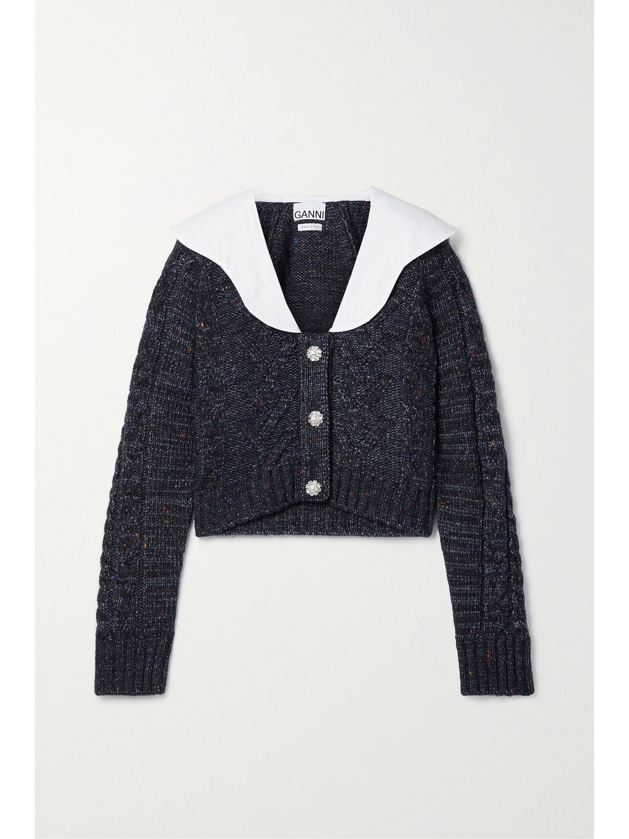 Ganni Cropped Embellished Poplin-collar Cable-knit Cardigan In Navy Blue Wool In Blue