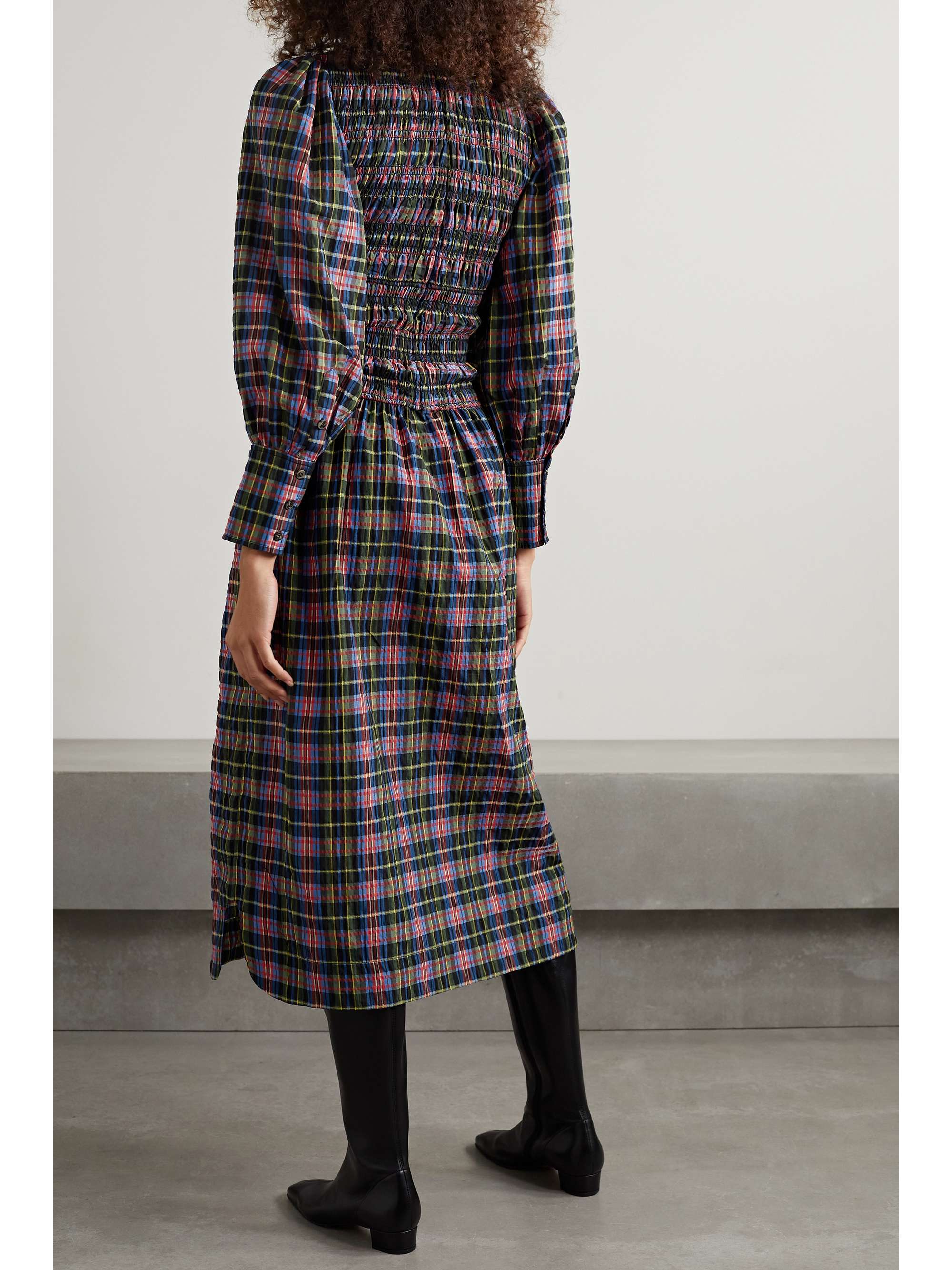 GANNI Shirred checked organic cotton-blend seersucker midi dress
