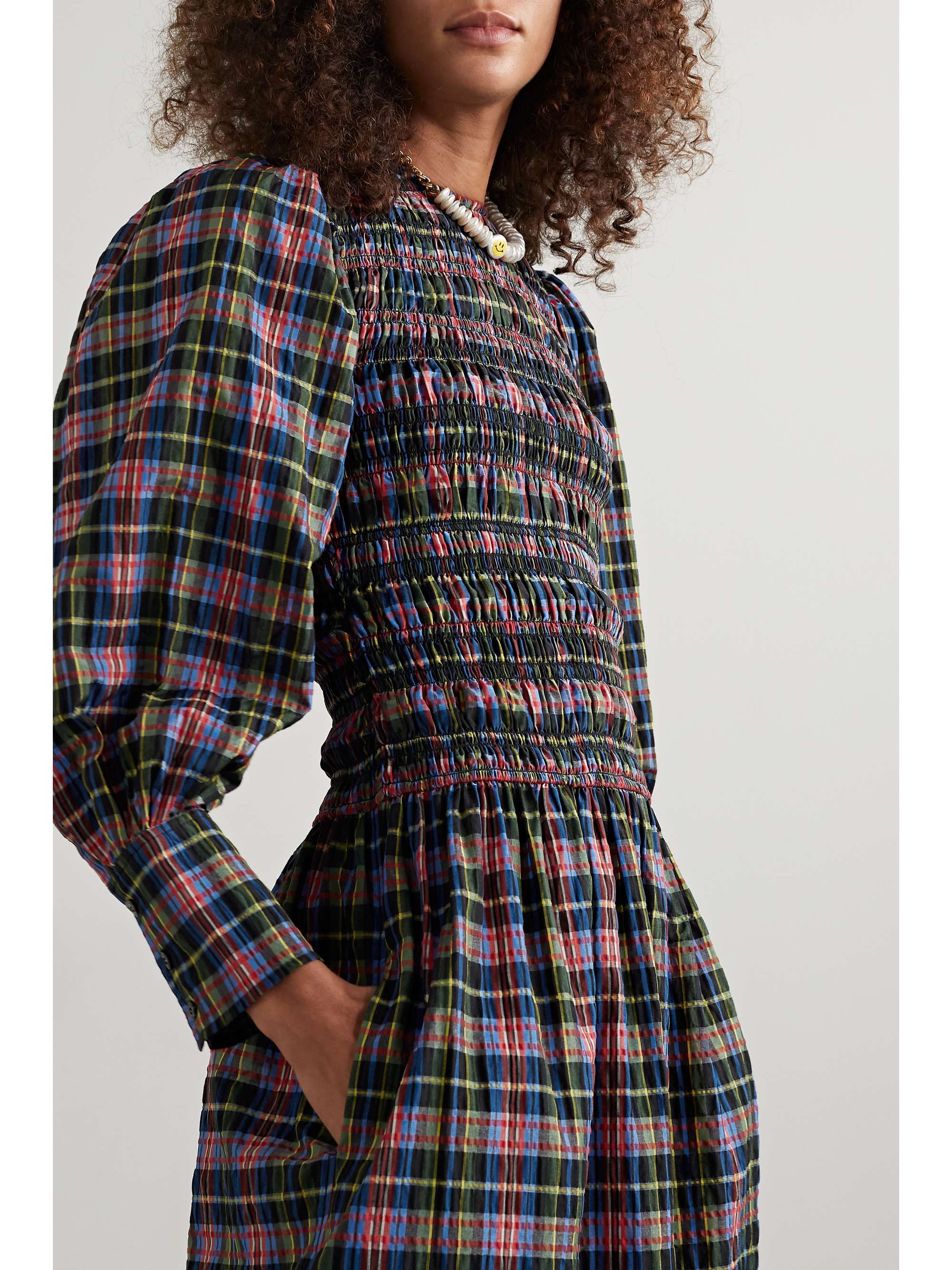 GANNI Shirred checked organic cotton-blend seersucker midi dress