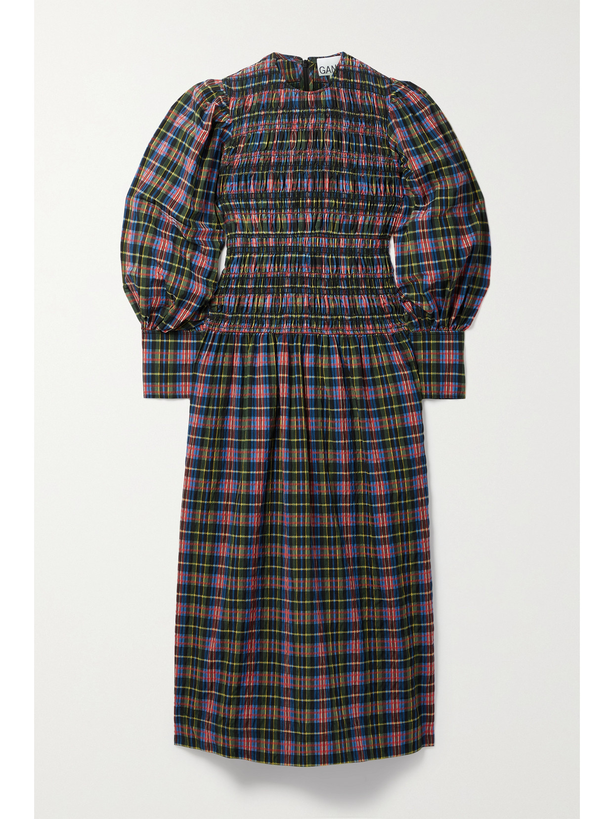 GANNI SHIRRED CHECKED ORGANIC COTTON-BLEND SEERSUCKER MIDI DRESS