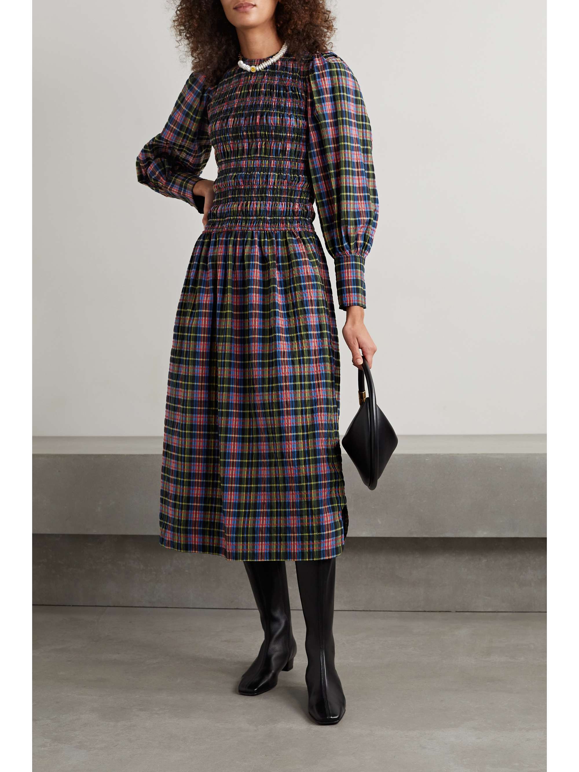 GANNI Shirred checked organic cotton-blend seersucker midi dress