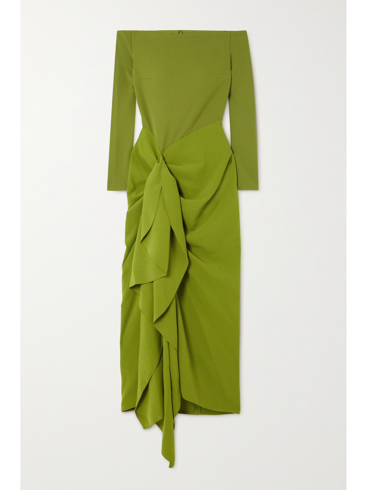SOLACE LONDON LOTUS OFF-THE-SHOULDER RUFFLED CREPE AND CADY MIDI DRESS