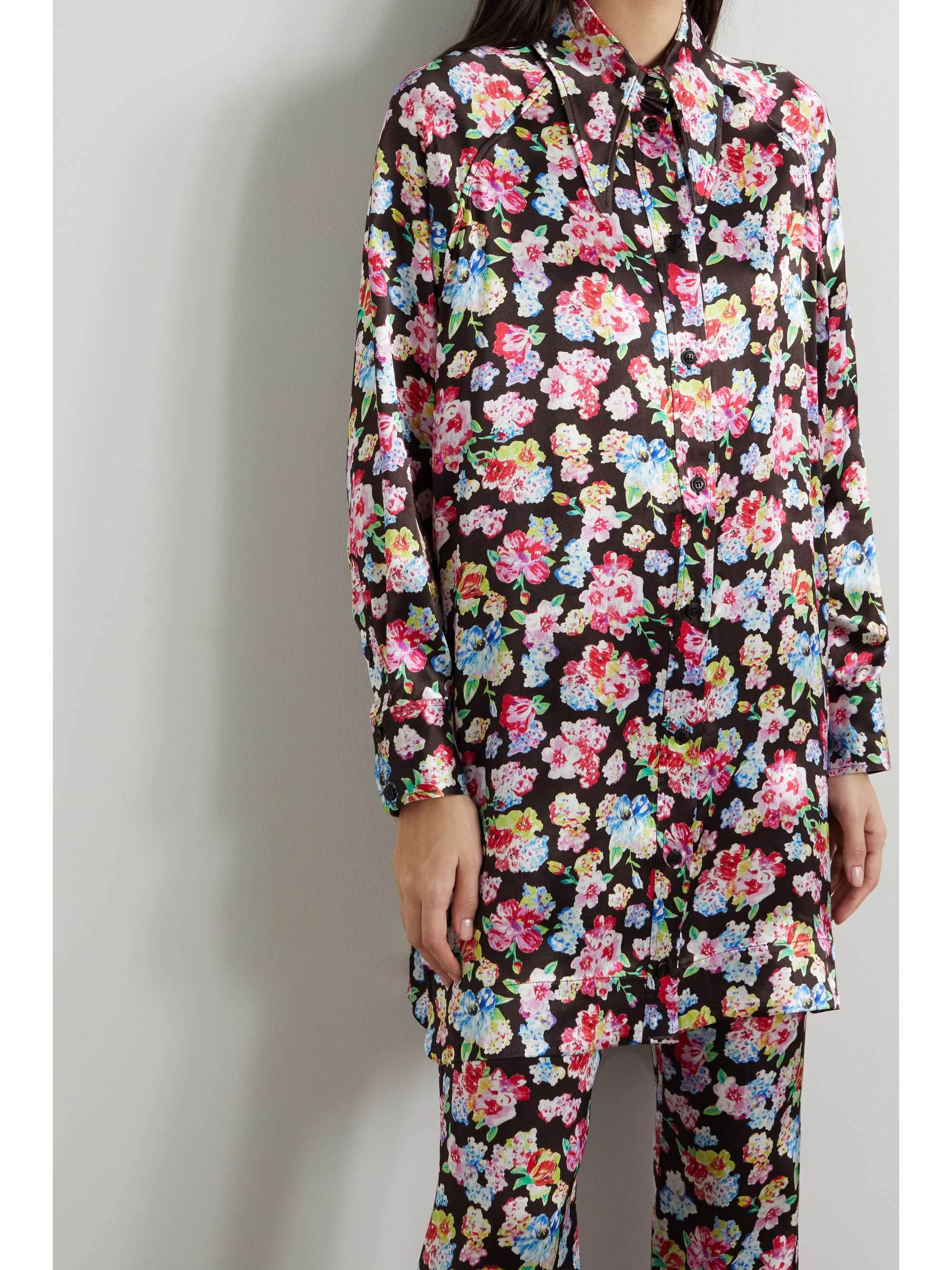 GANNI Floral-print satin pajama shirt