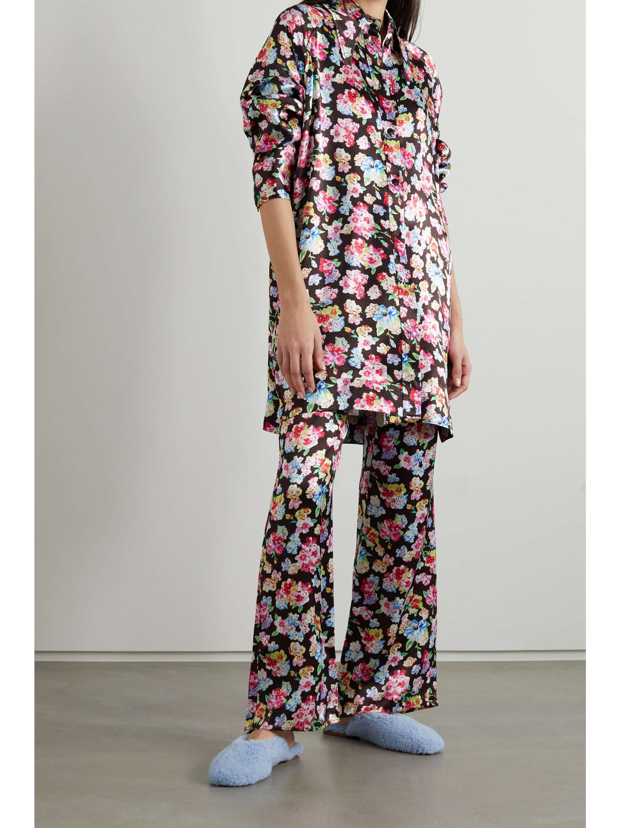 GANNI Floral-print satin pajama shirt
