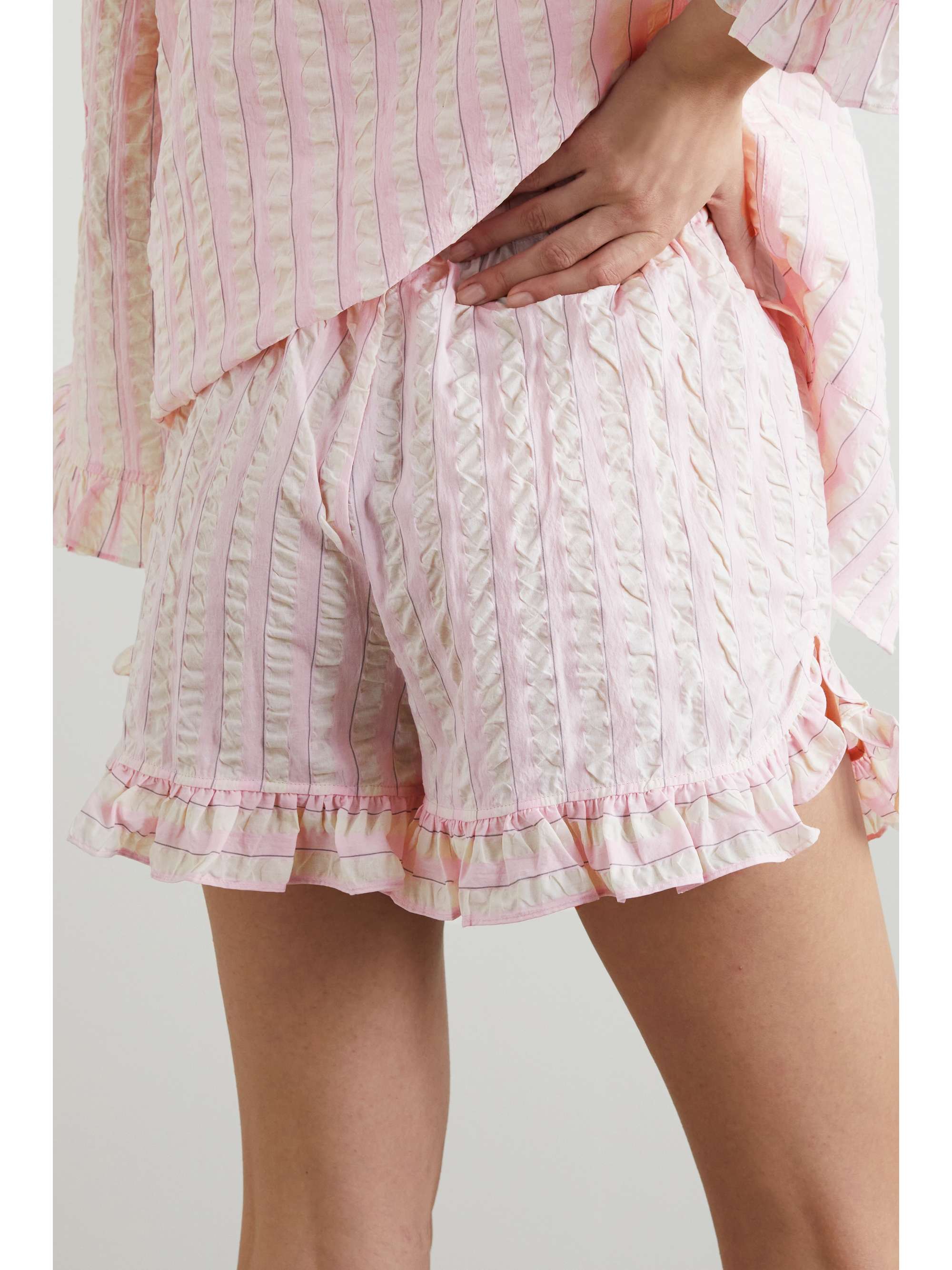 GANNI Ruffled striped organic cottonseersucker pajama shorts NETA