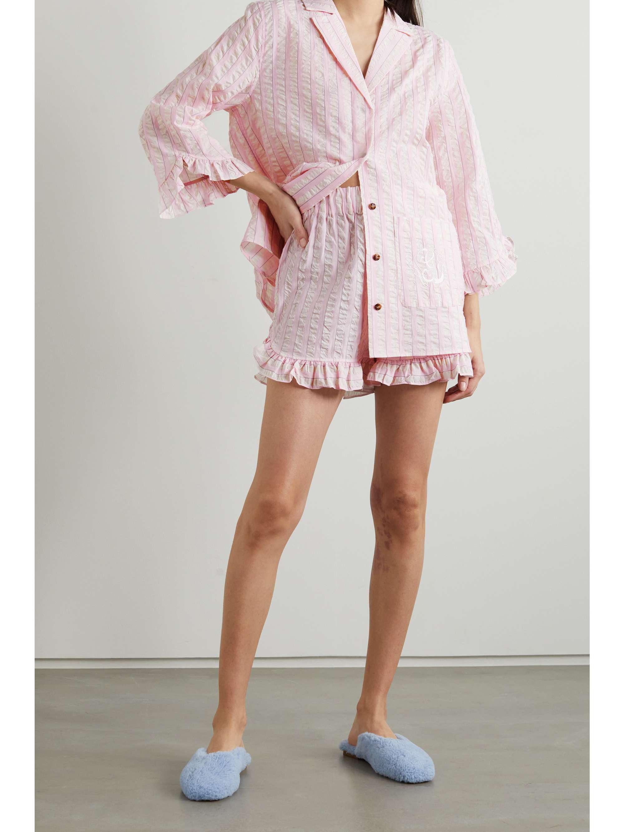GANNI Ruffled striped organic cottonseersucker pajama shorts NETA