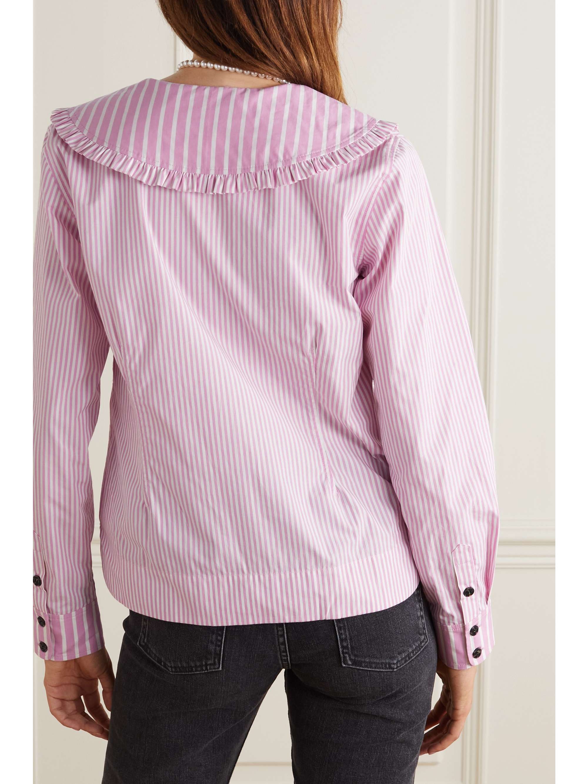 GANNI Ruffled striped organic cotton-poplin blouse