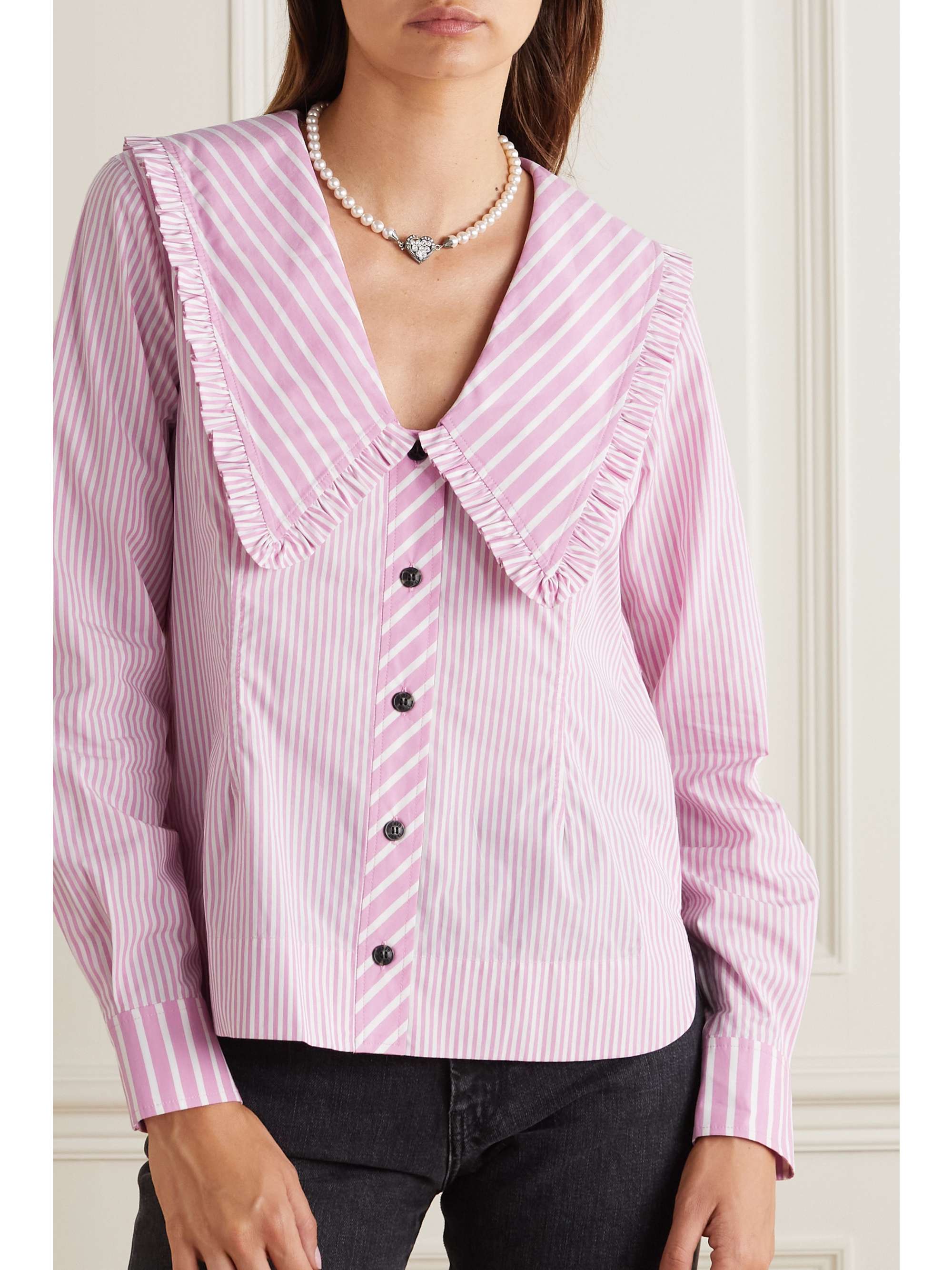 GANNI Ruffled striped organic cotton-poplin blouse