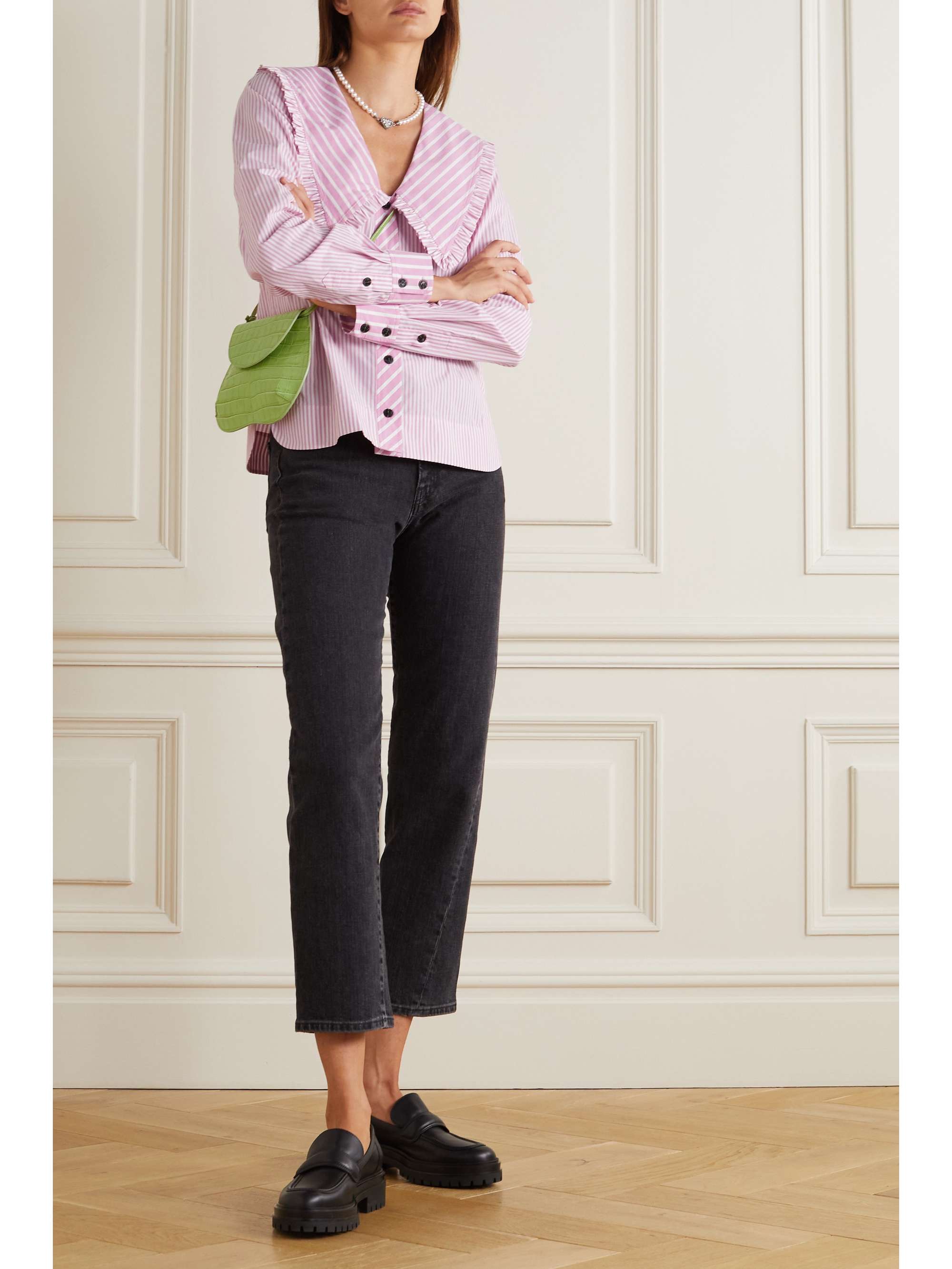 GANNI Ruffled striped organic cotton-poplin blouse