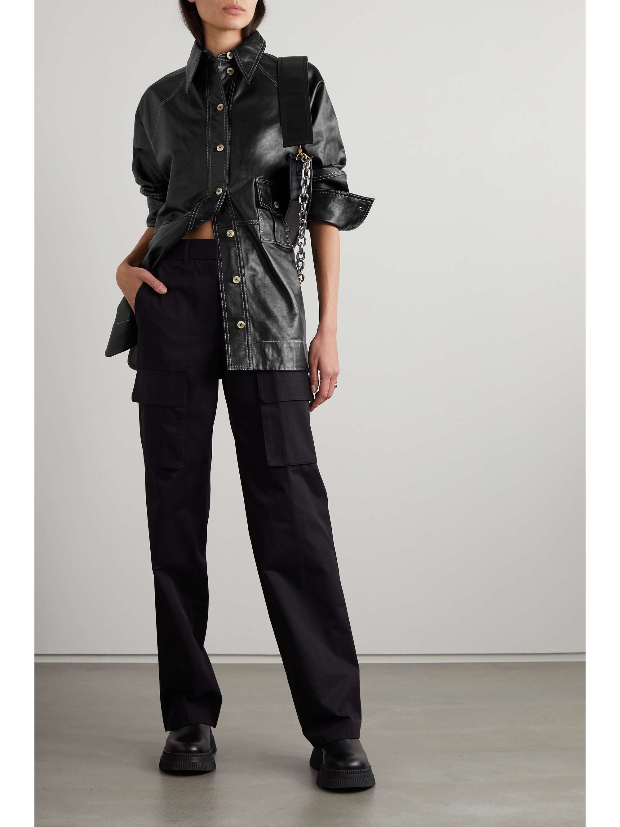 Black Topstitched leather shirt | GANNI 