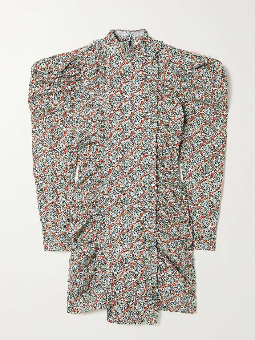Ganni Ruched Floral-print Organic Cotton-poplin Mini Dress