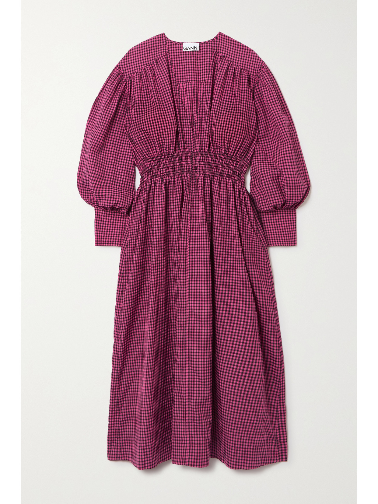 GANNI SHIRRED GINGHAM SEERSUCKER MIDI DRESS