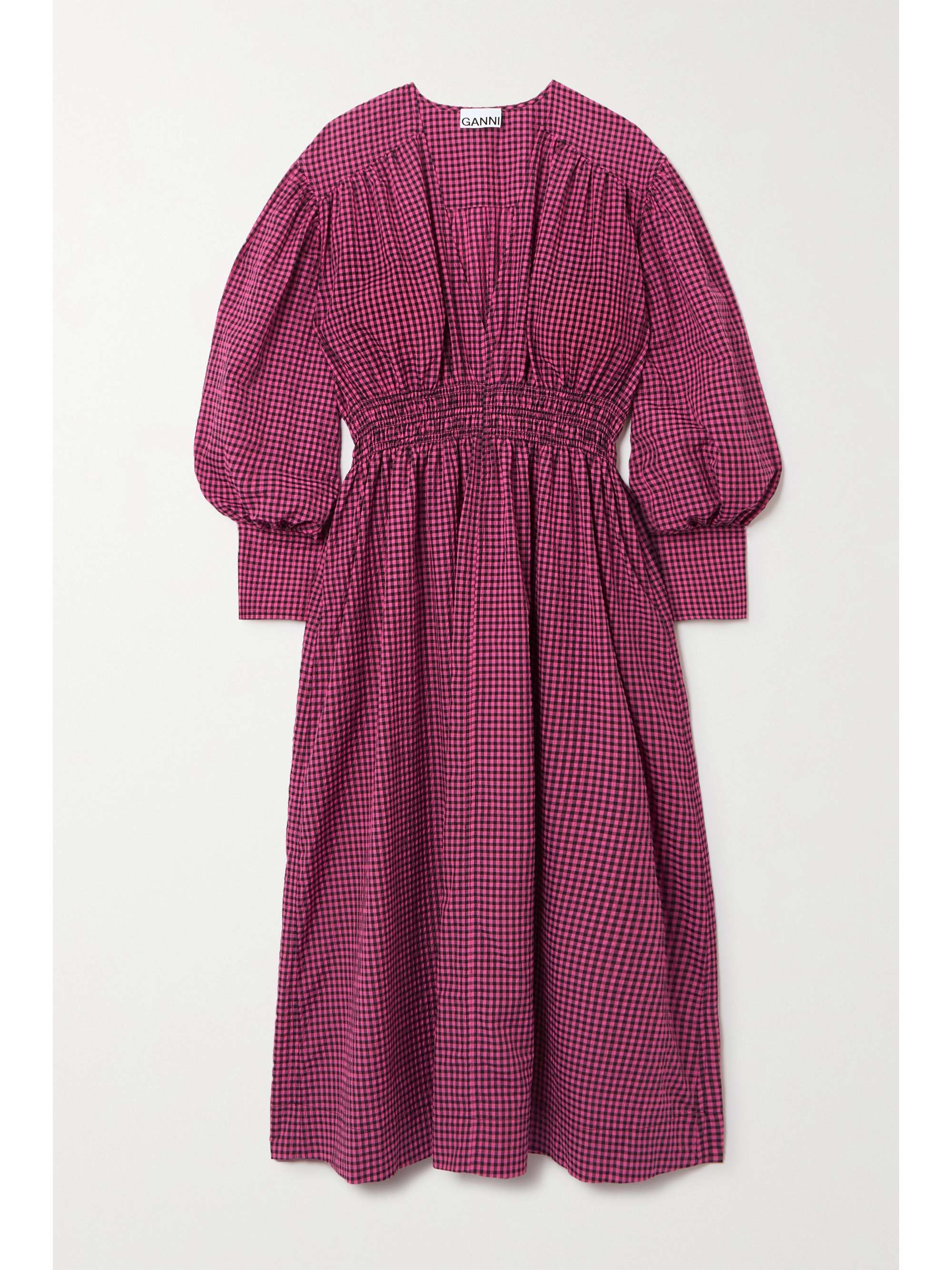Pink Shirred gingham seersucker midi 