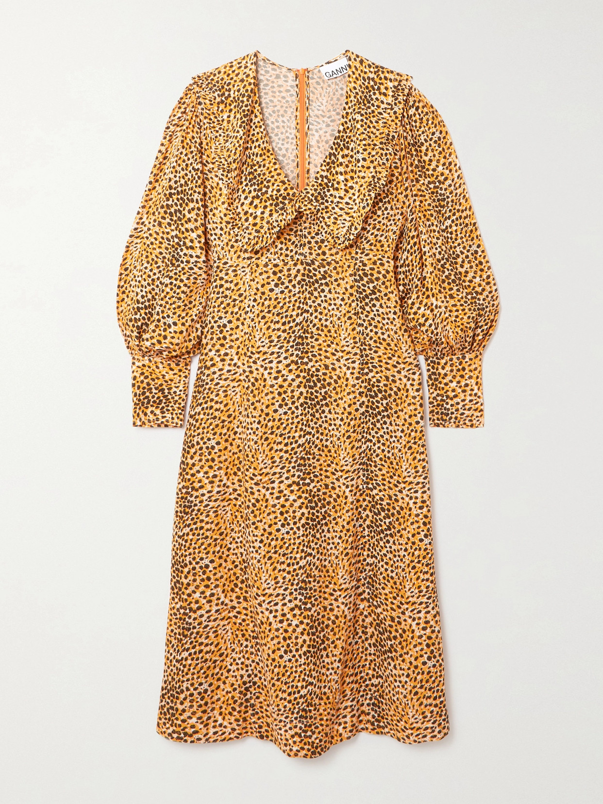 Ganni Leopard-print Crepe Oversized-collar Dress In Yellow