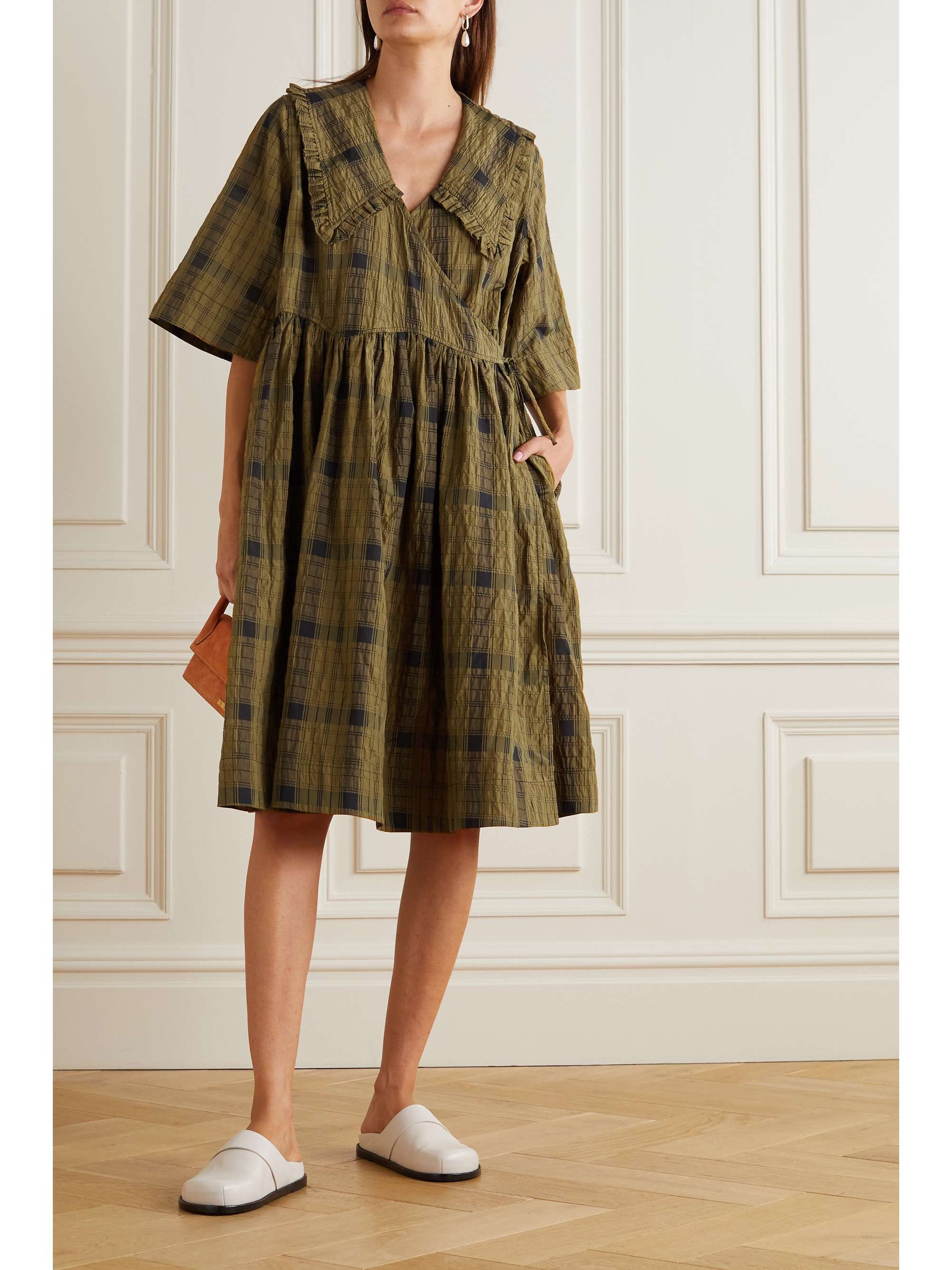 Papaya Ruffled checked organic cotton-blend seersucker wrap dress | GANNI |  NET-A-PORTER