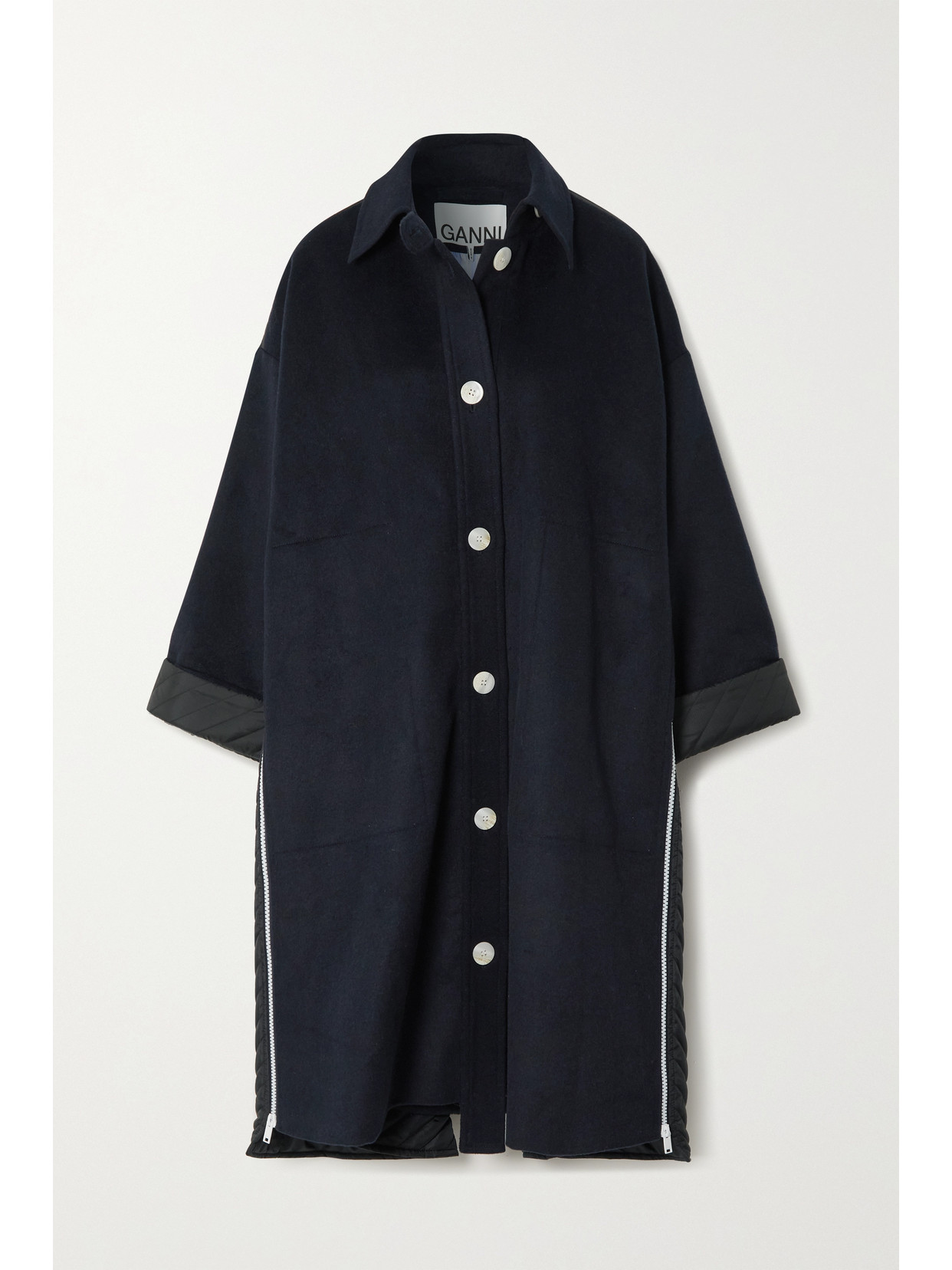 Ganni Oversized Quilted Shell-trimmed Woven Coat In Blue | ModeSens