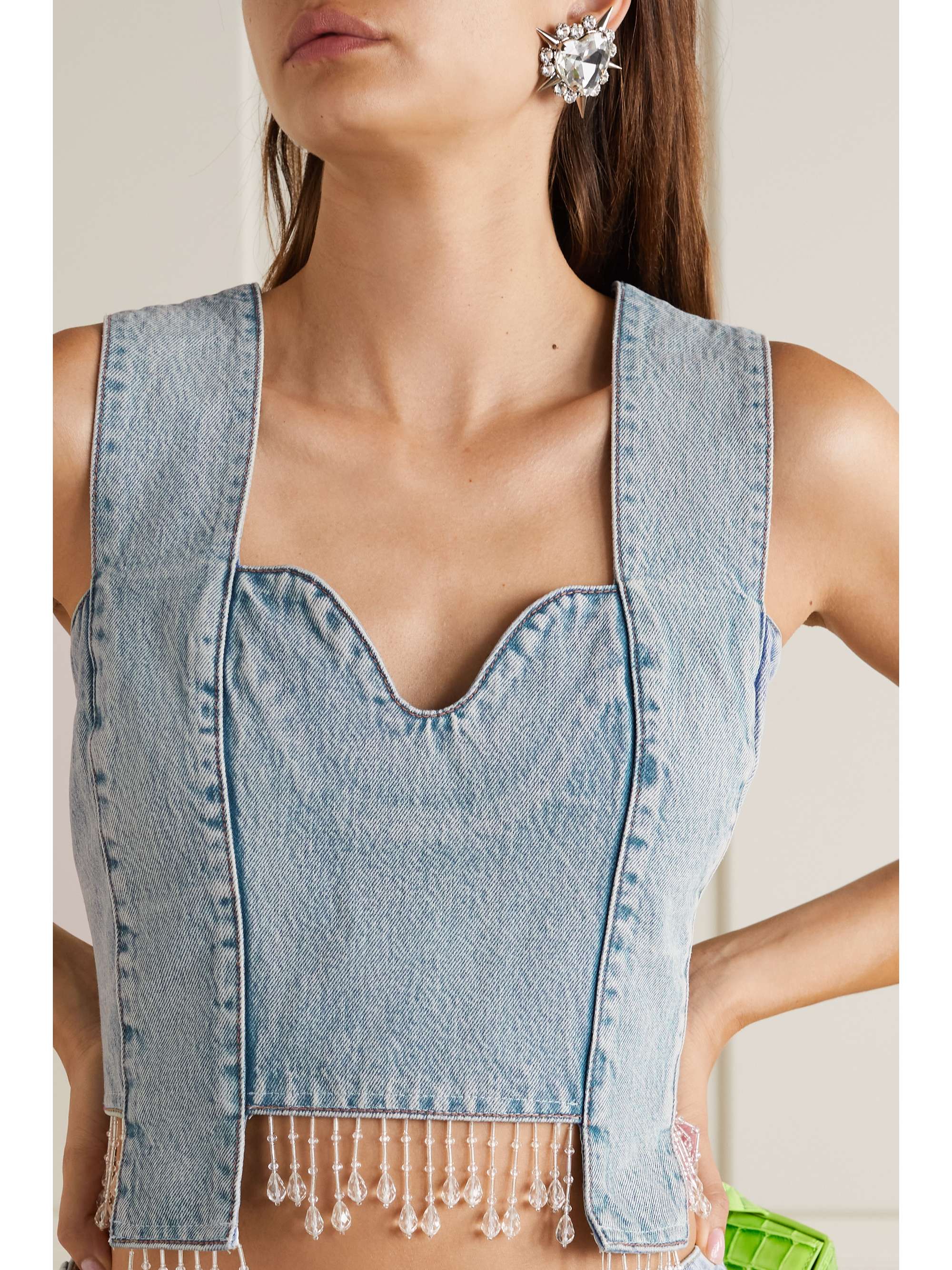 Light denim Cropped bead-embellished 
