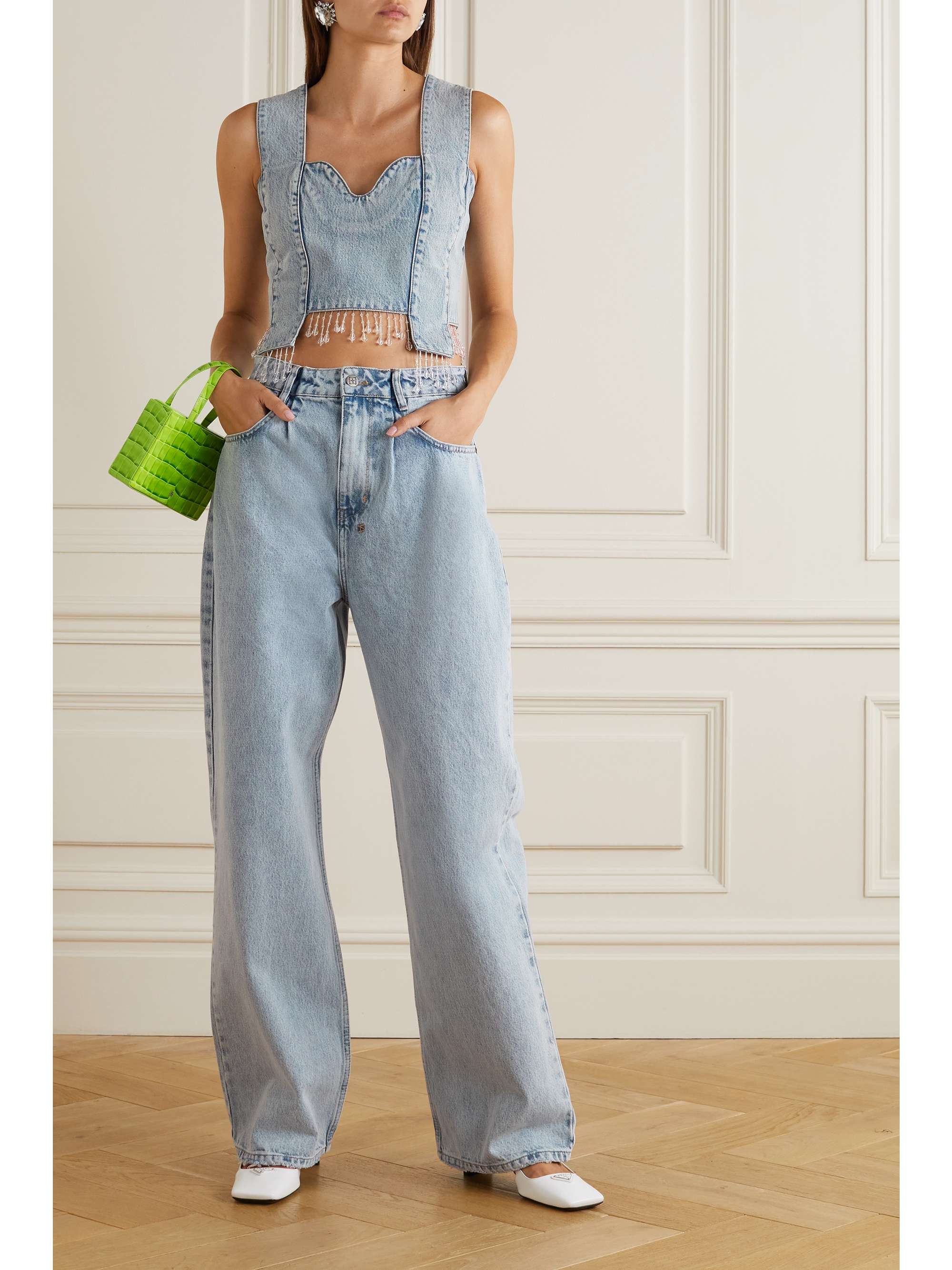 Light denim Cropped bead-embellished 