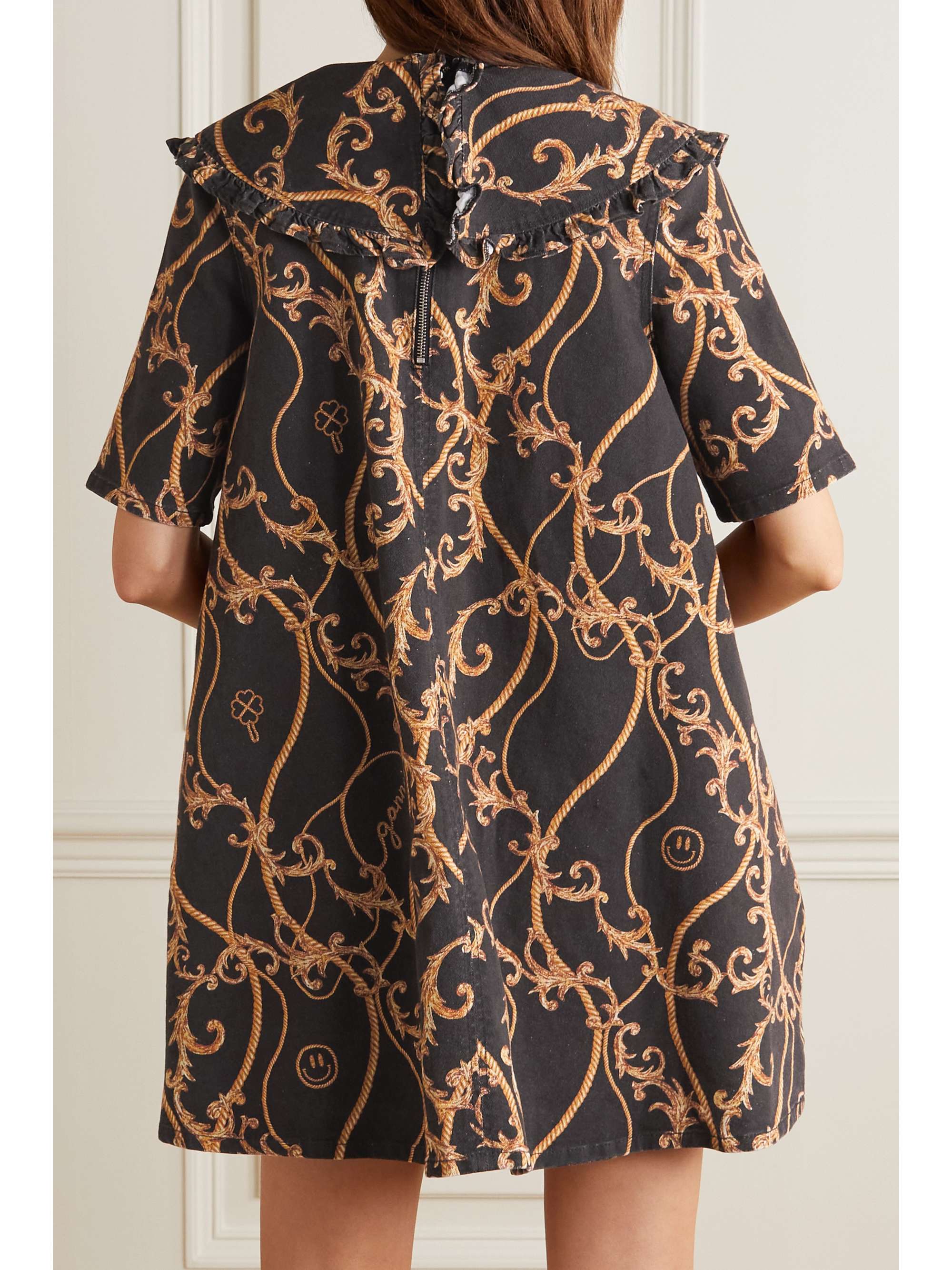 GANNI Ruffled printed denim mini dress