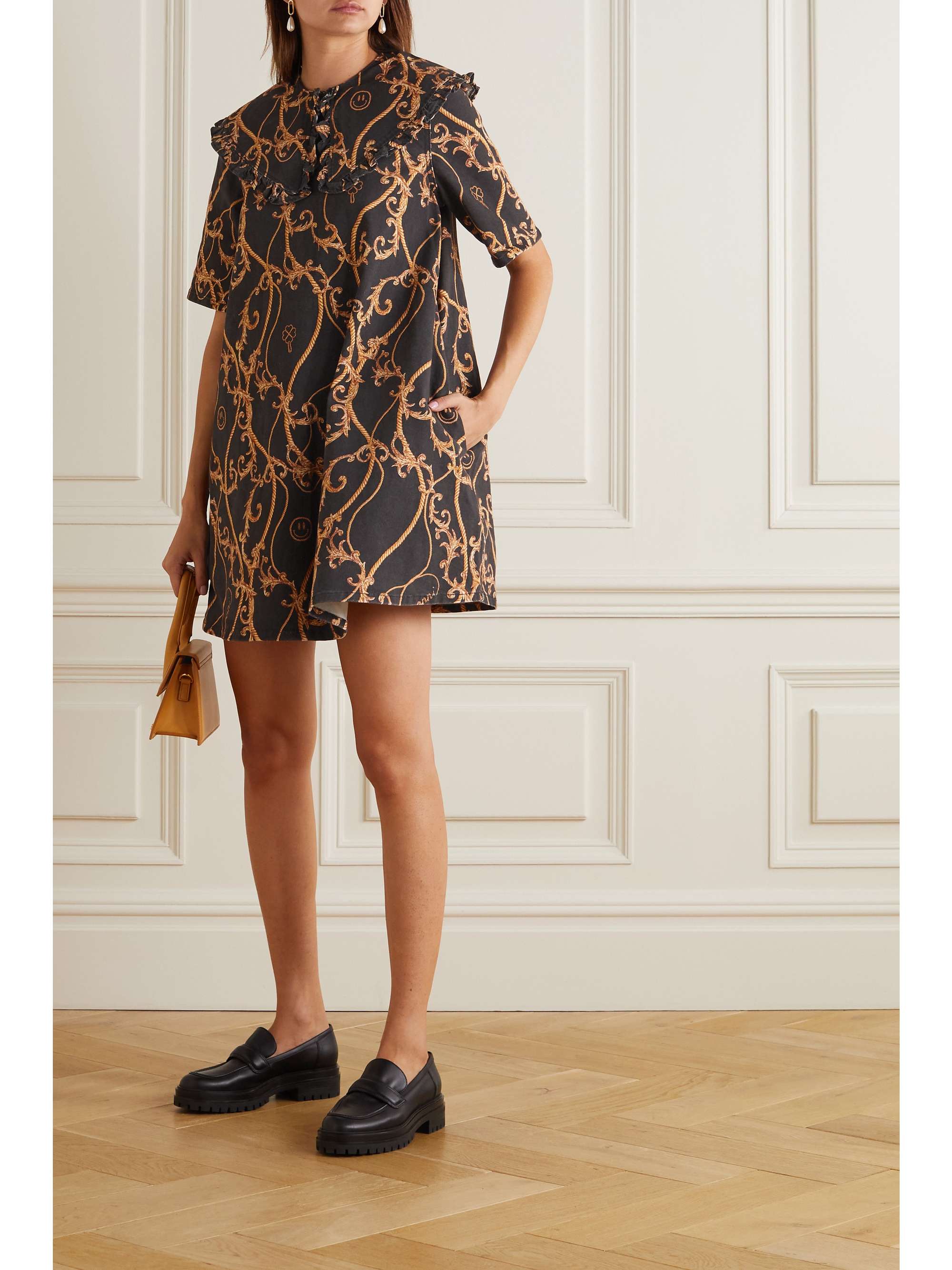 GANNI Ruffled printed denim mini dress