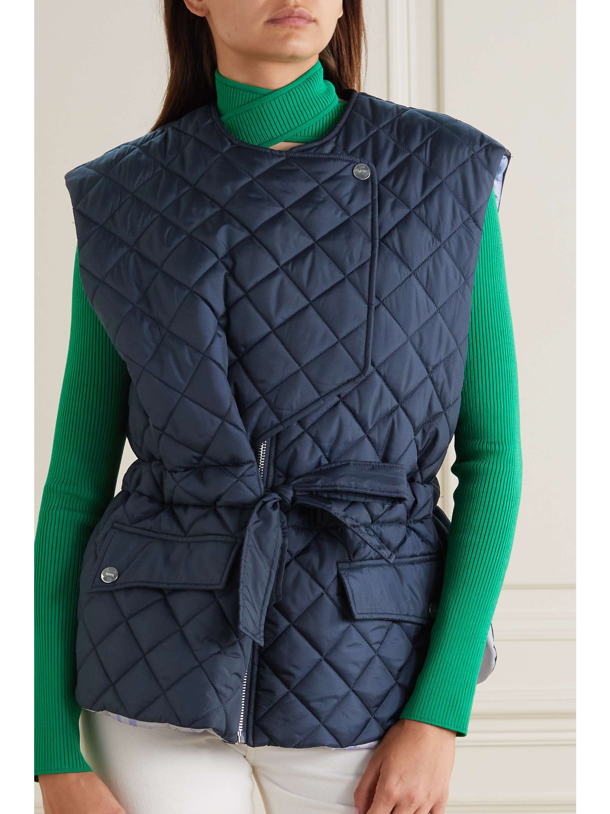 Navy Belted quilted recycled ripstop vest | GANNI | NET-A-PORTER Navy Belted quilted recycled ripstop vest | GANNI | NET-A-PORTER