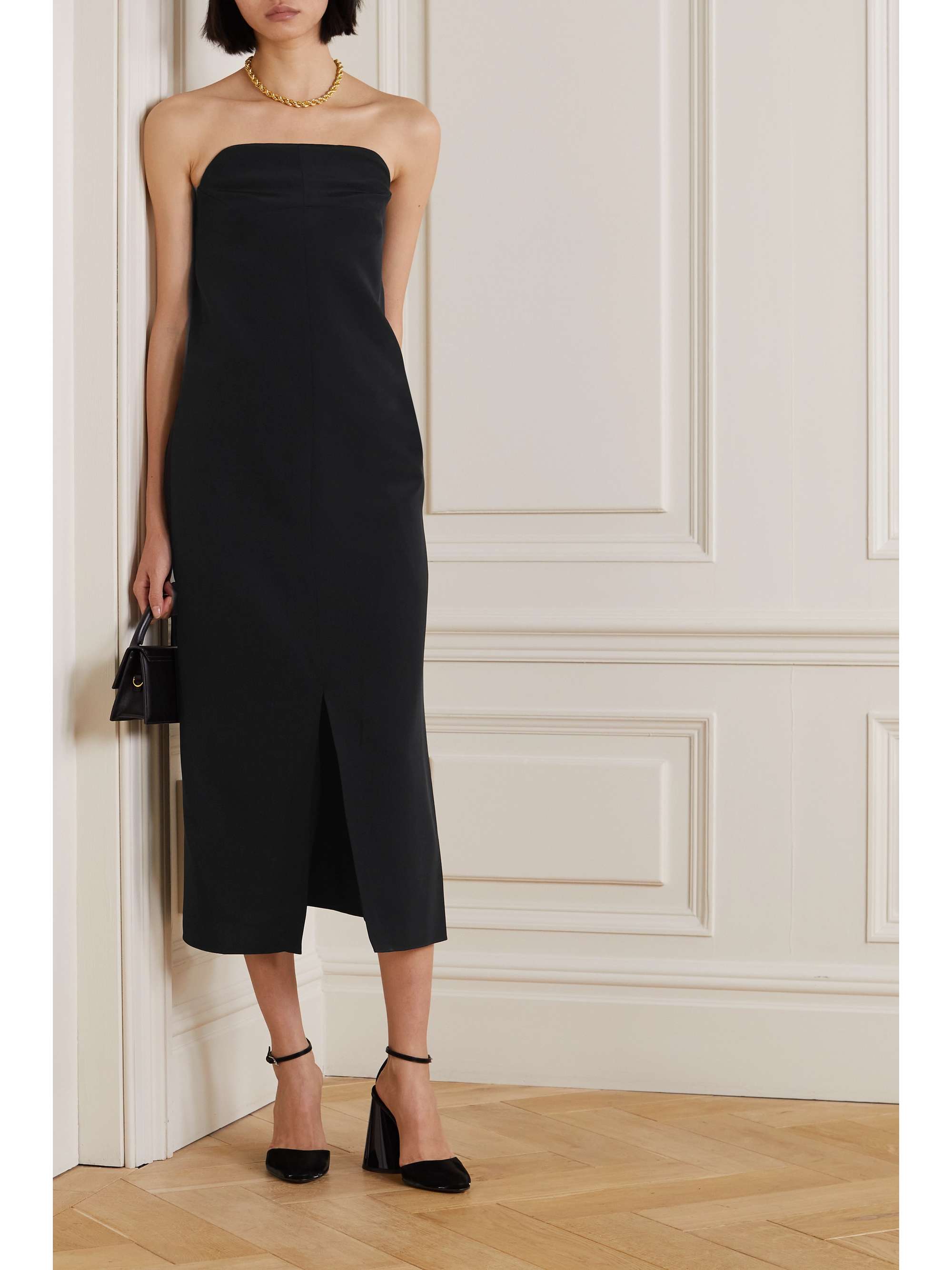 black strapless dress midi