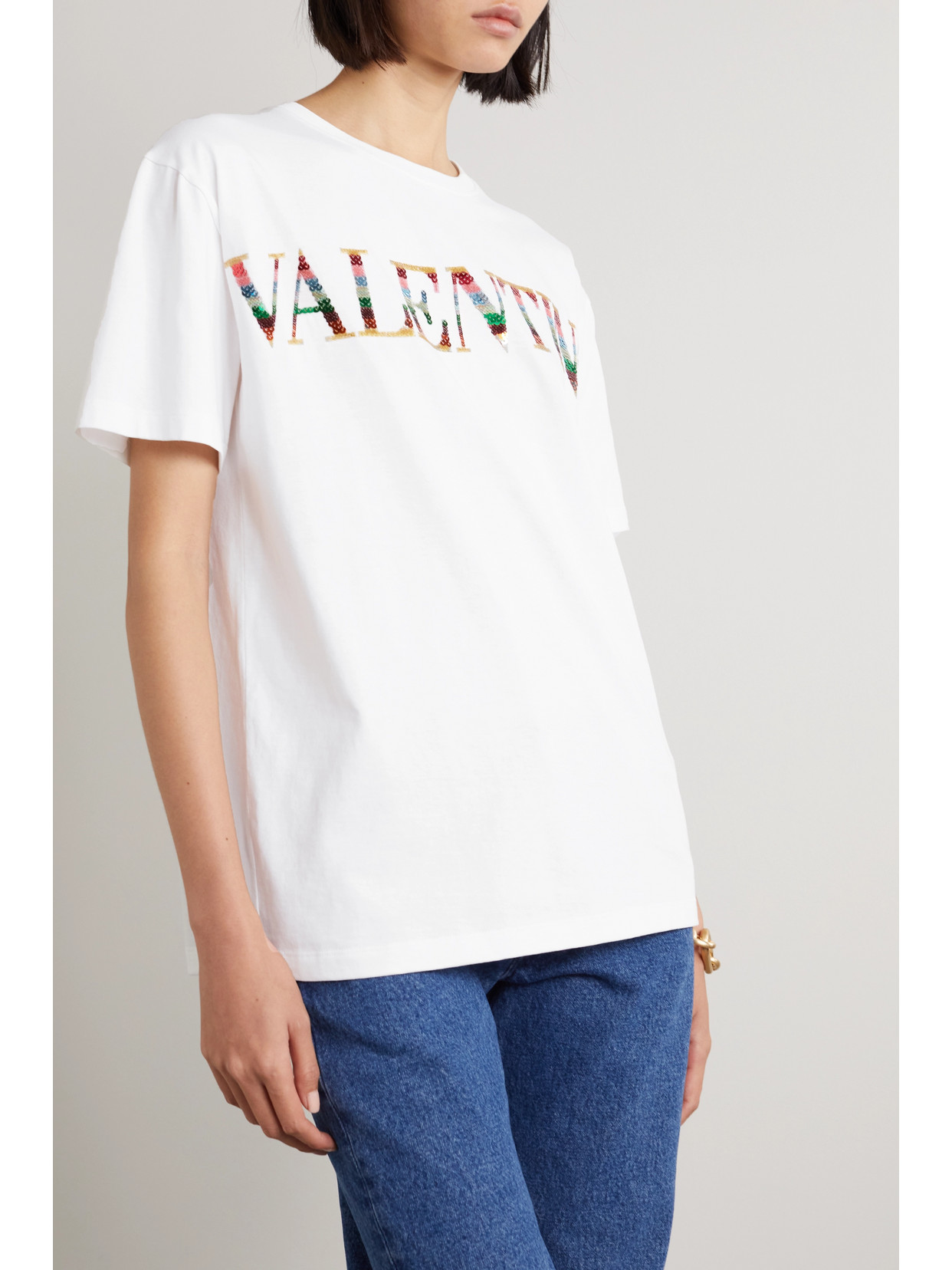 Valentino Sequin-embellished Embroidered Cotton-jersey T-shirt In White