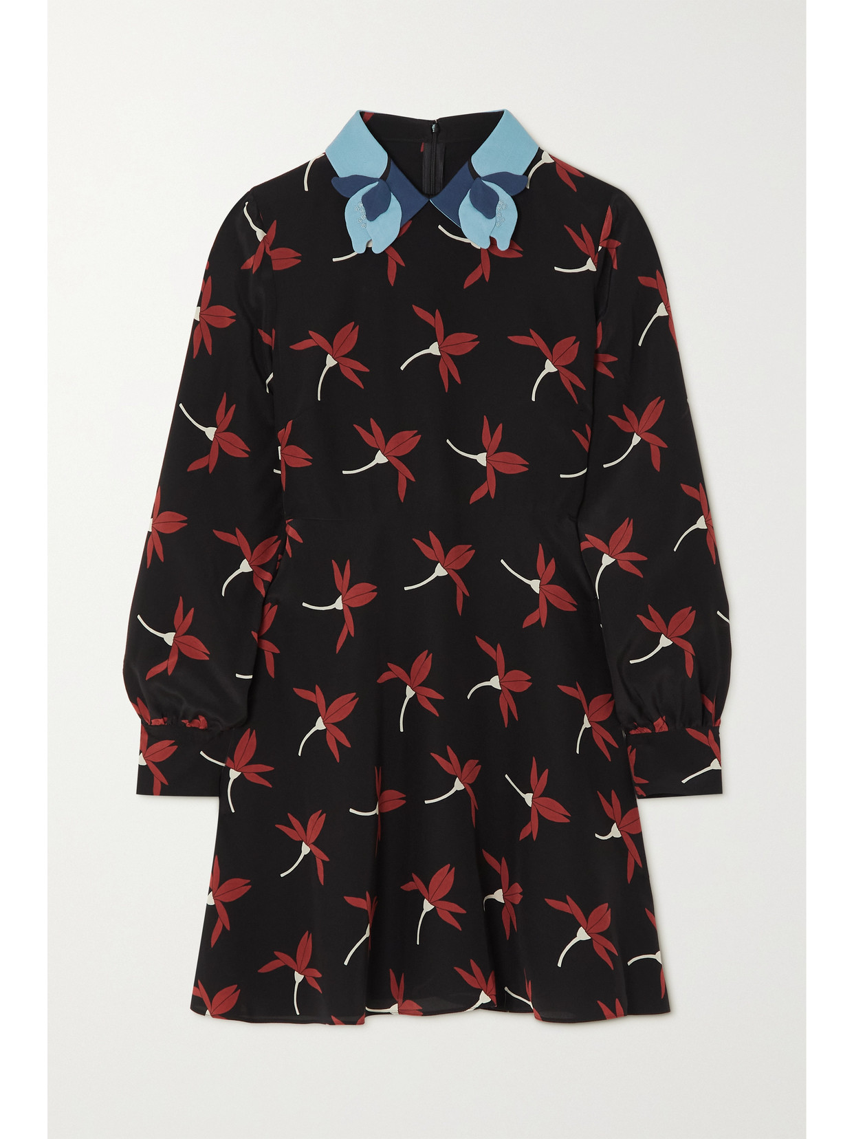 Valentino Appliquéd Floral-print Silk Crepe De Chine Mini Dress In Black