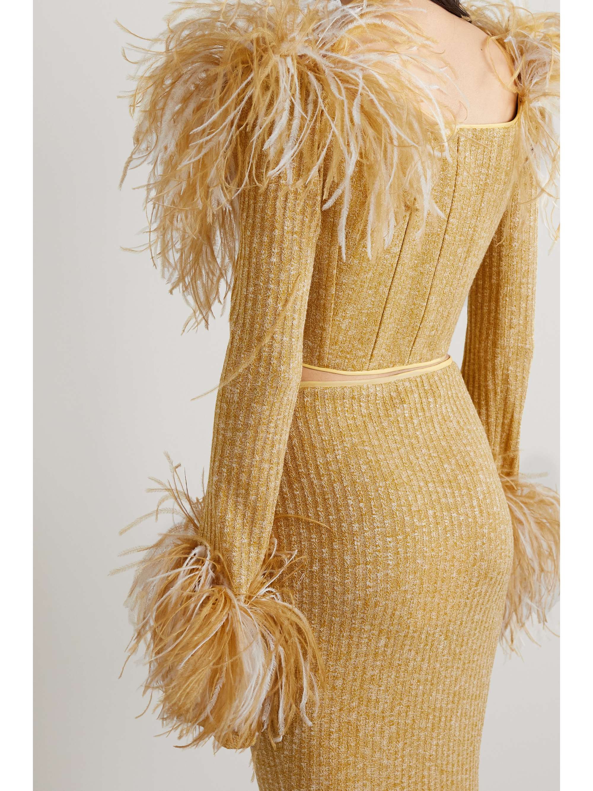 16ARLINGTON Onoko feather-trimmed ribbed-knit top