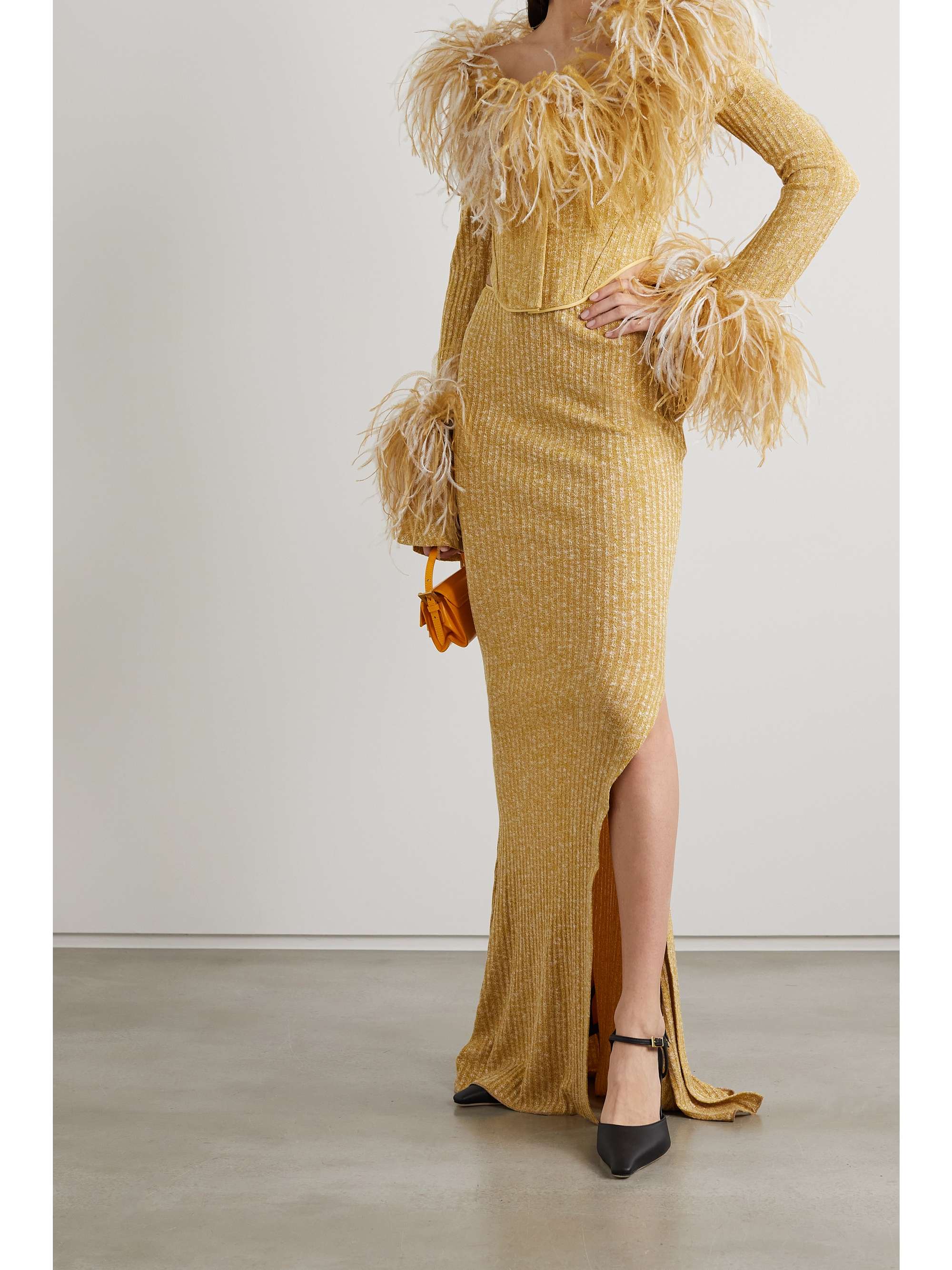 16ARLINGTON Onoko feather-trimmed ribbed-knit top