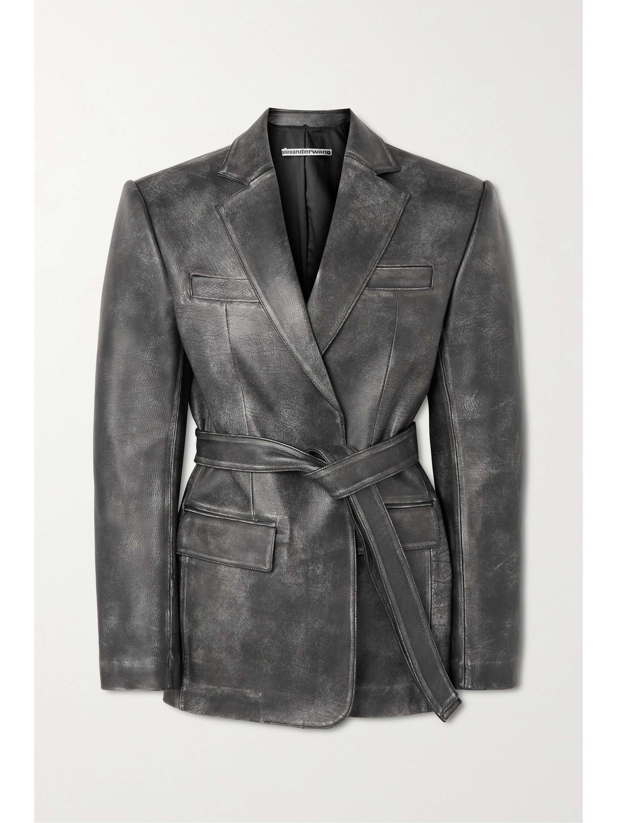Black Belted distressed leather blazer 