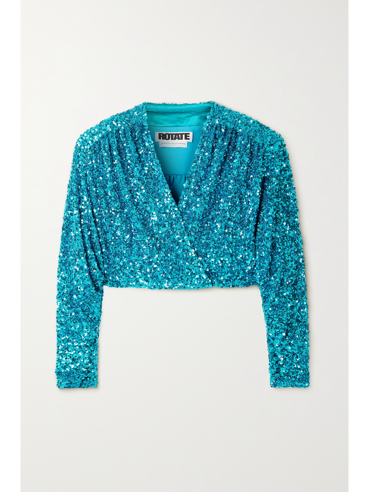 Rotate Birger Christensen Aurelia Cropped Sequined Stretch-jersey Wrap Top In Blue