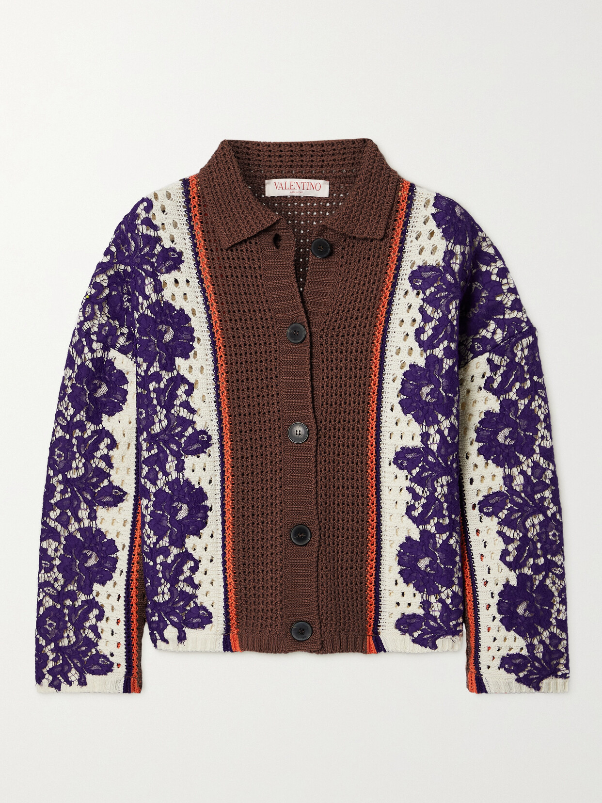 Valentino Garavani Lace-paneled Striped Crocheted Cotton Cardigan - Brown