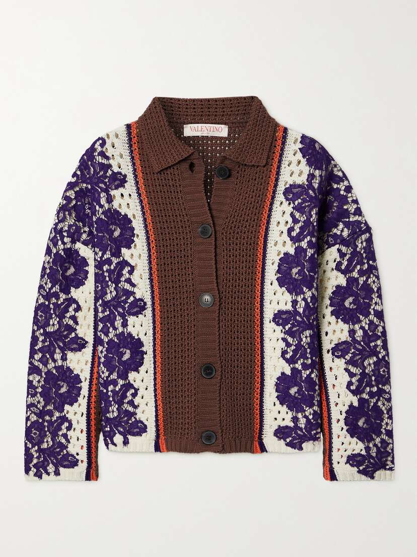 Valentino Garavani Lace-paneled Striped Crocheted Cotton Cardigan - x large