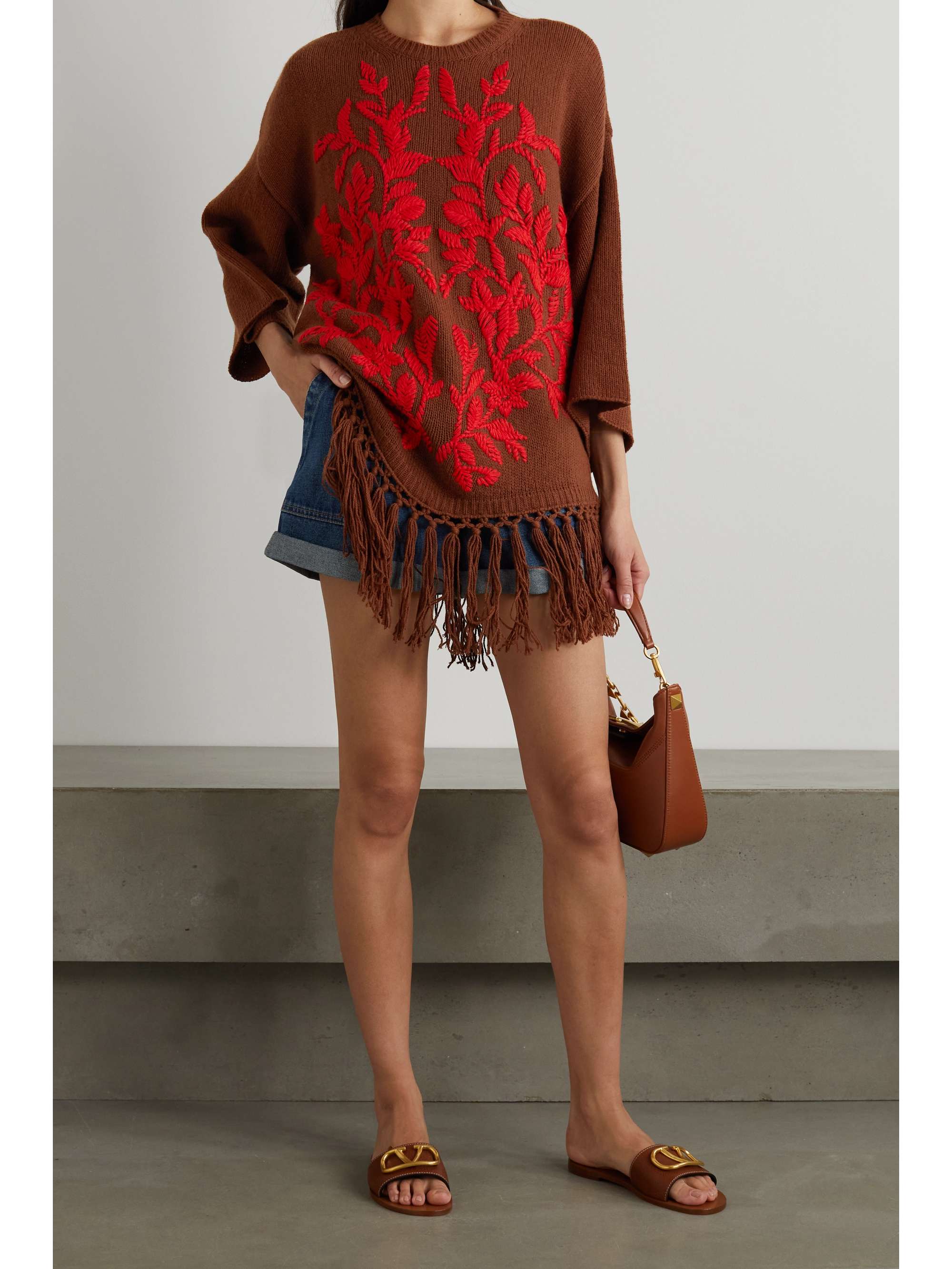 VALENTINO GARAVANI Fringed embroidered wool poncho