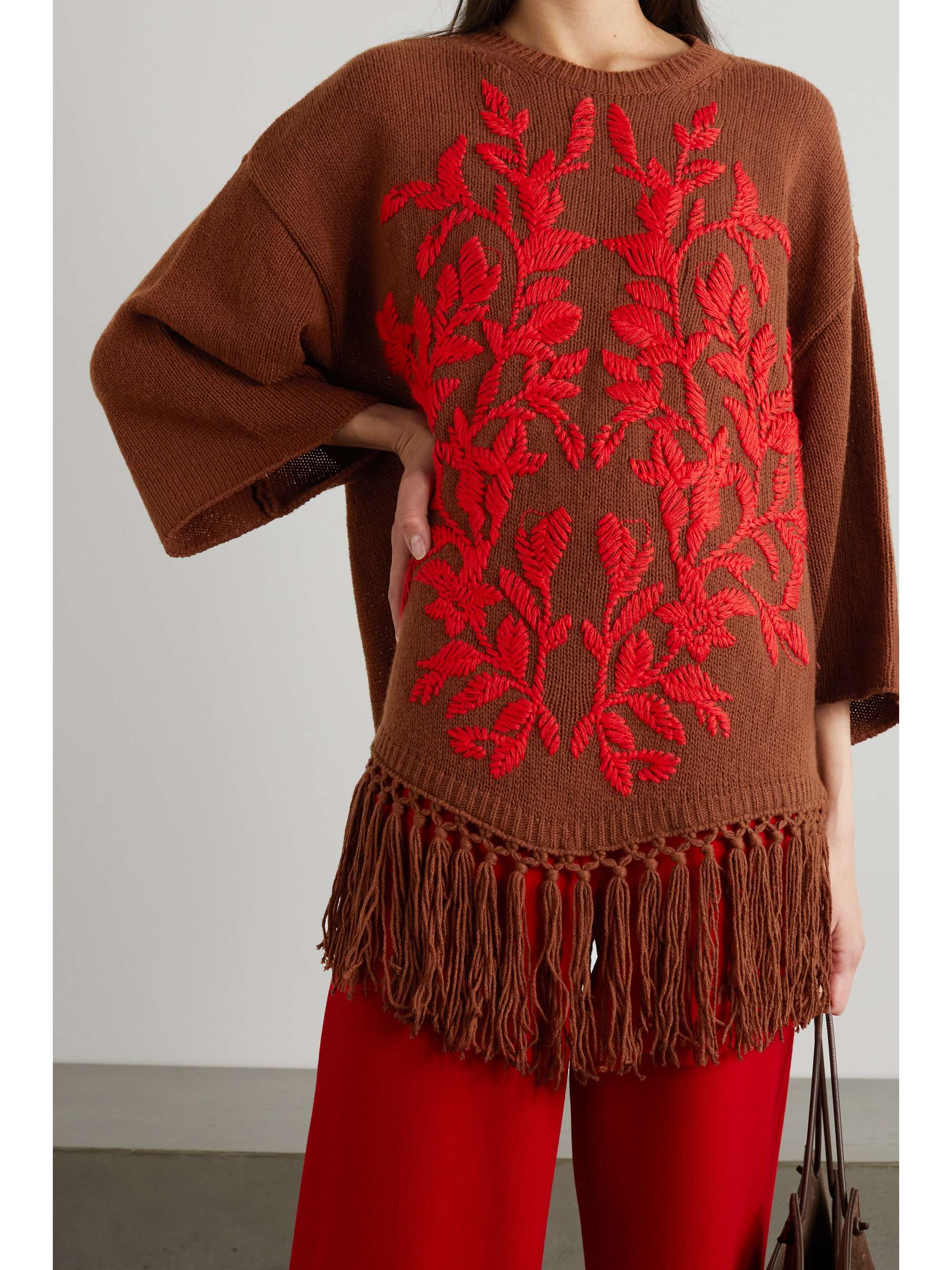 VALENTINO GARAVANI Fringed embroidered wool poncho