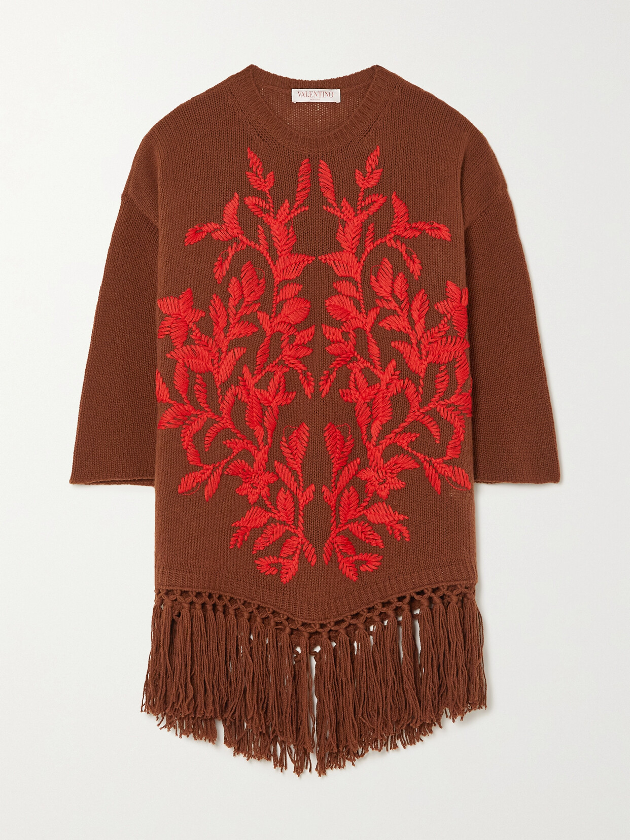 Valentino Fringed Embroidered Wool Poncho In Brown