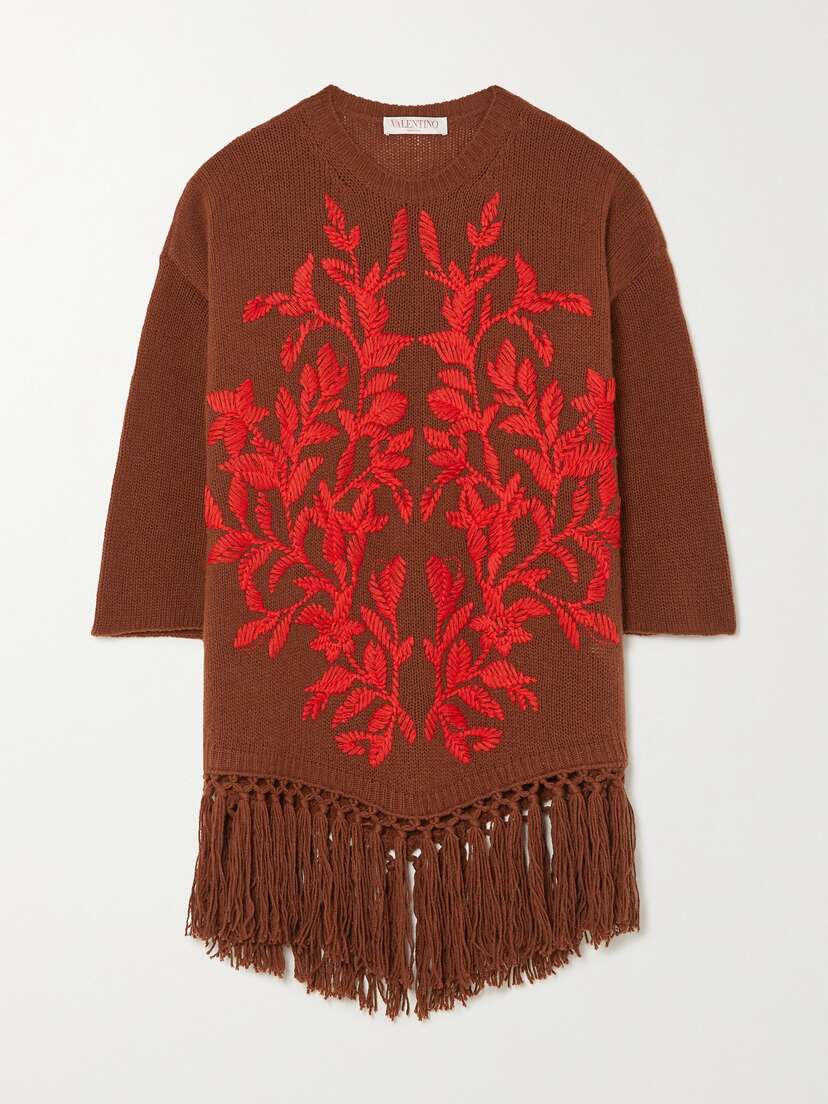 Valentino Garavani Fringed Embroidered Wool Poncho