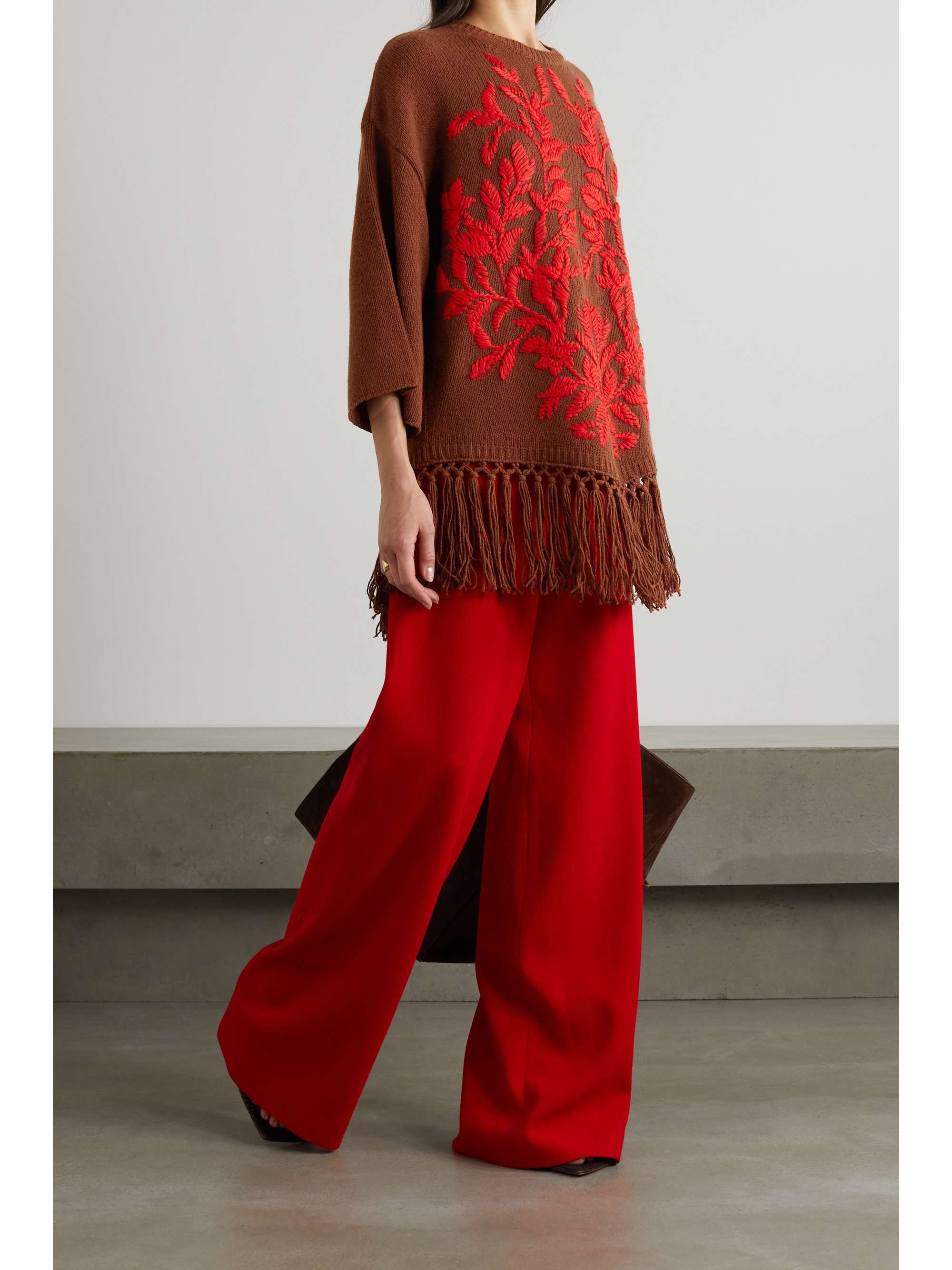 VALENTINO GARAVANI Fringed embroidered wool poncho