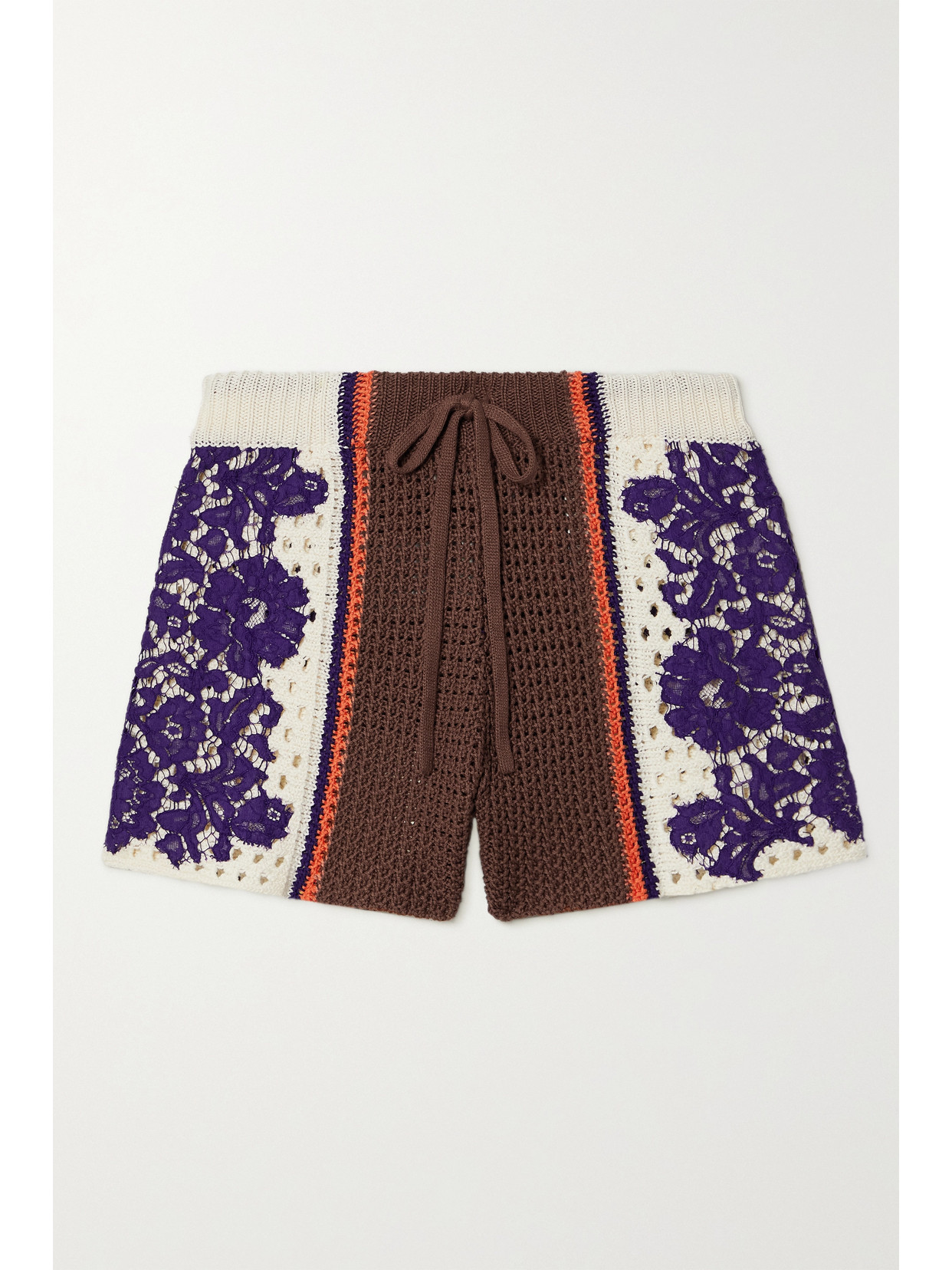 Valentino Garavani Lace-paneled Striped Crocheted Cotton Shorts - Brown