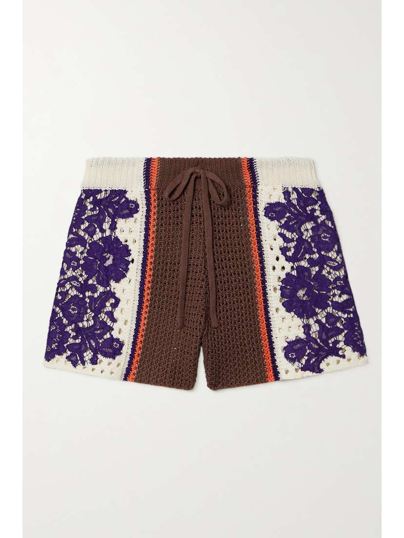 Valentino Garavani Lace-paneled Striped Crocheted Cotton Shorts