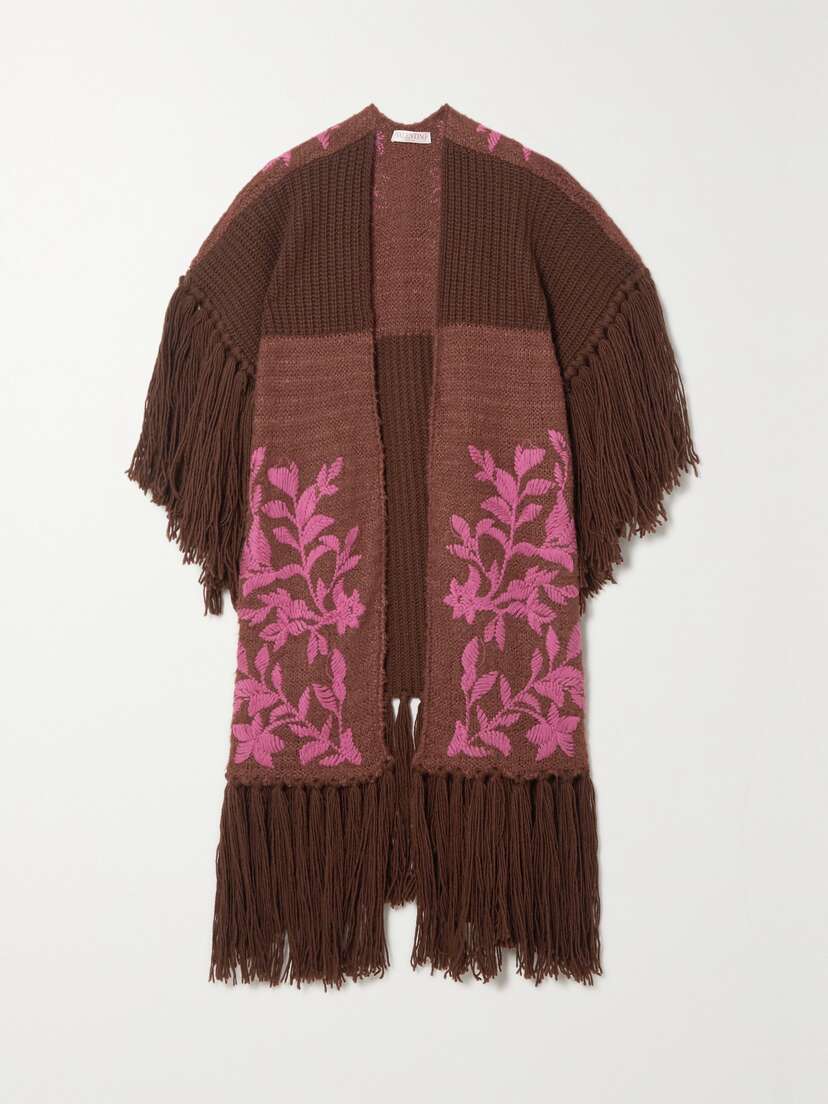 Valentino Garavani Fringed Embroidered Wool And Silk-blend Wrap - x large