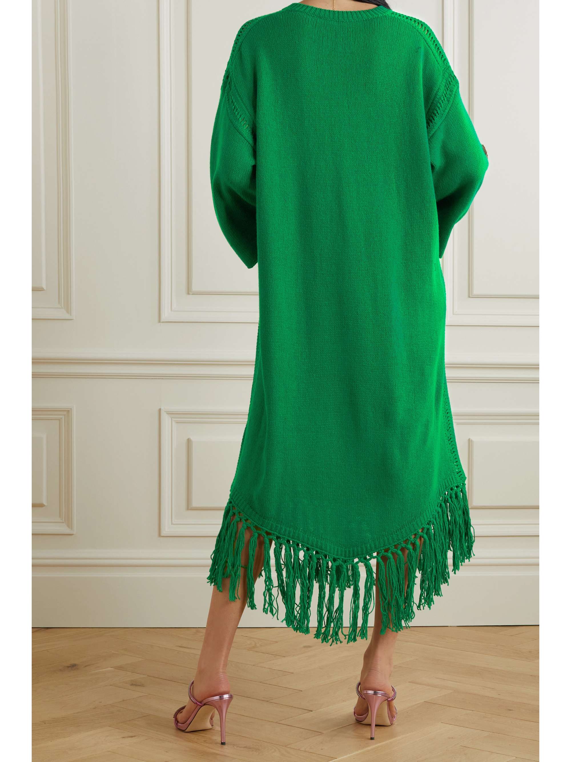 VALENTINO Fringed embroidered wool midi dress