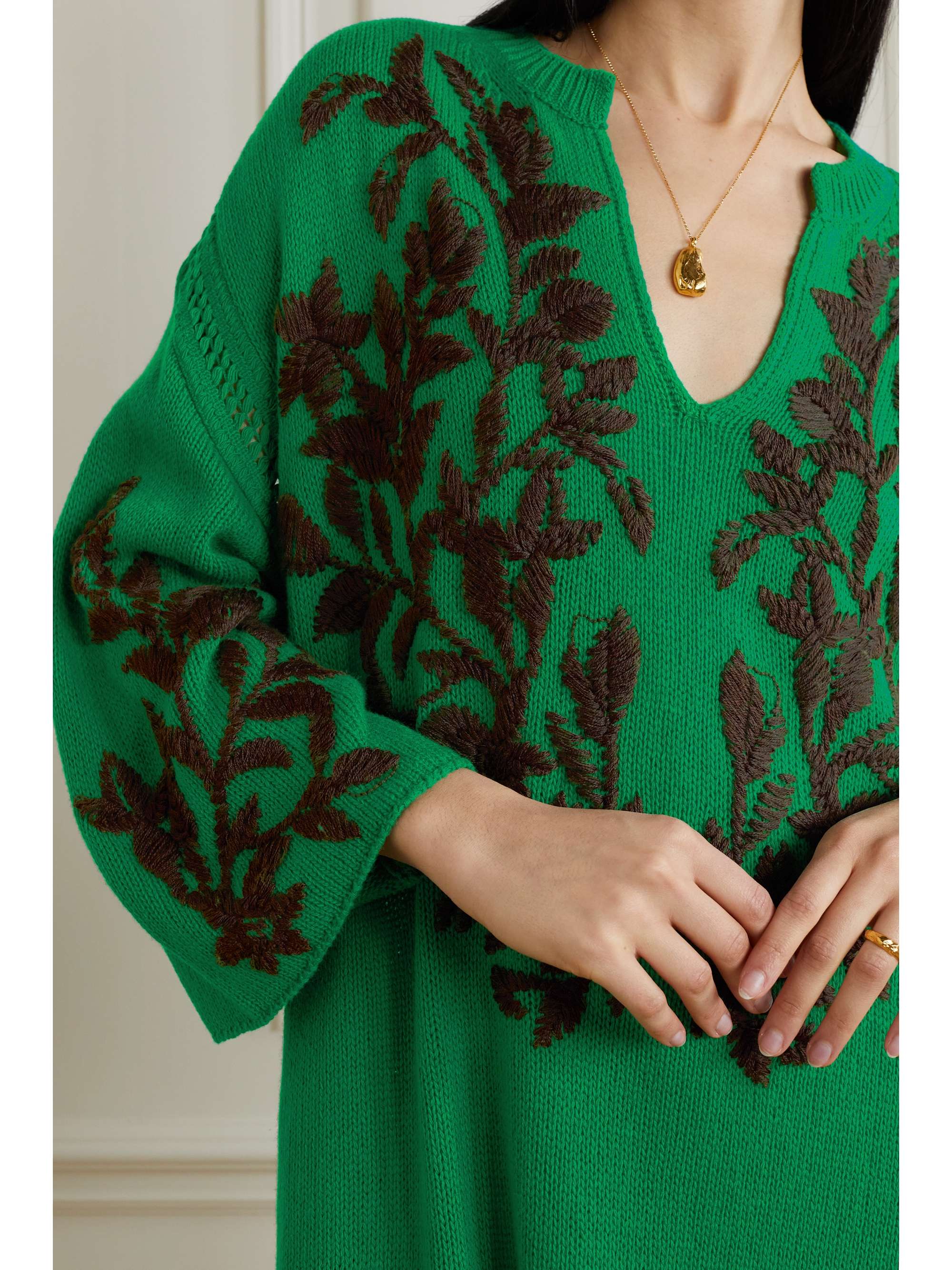 VALENTINO Fringed embroidered wool midi dress
